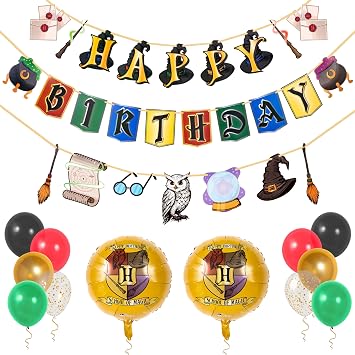 Wizard Birthday Decorations, Magical Happy Birthday Banner with Balloons, Pre-Strung Party Supplies, Gold Confetti Balloons & Unique Pirese Foil Balloon, Magical Decor for Kids & Adults