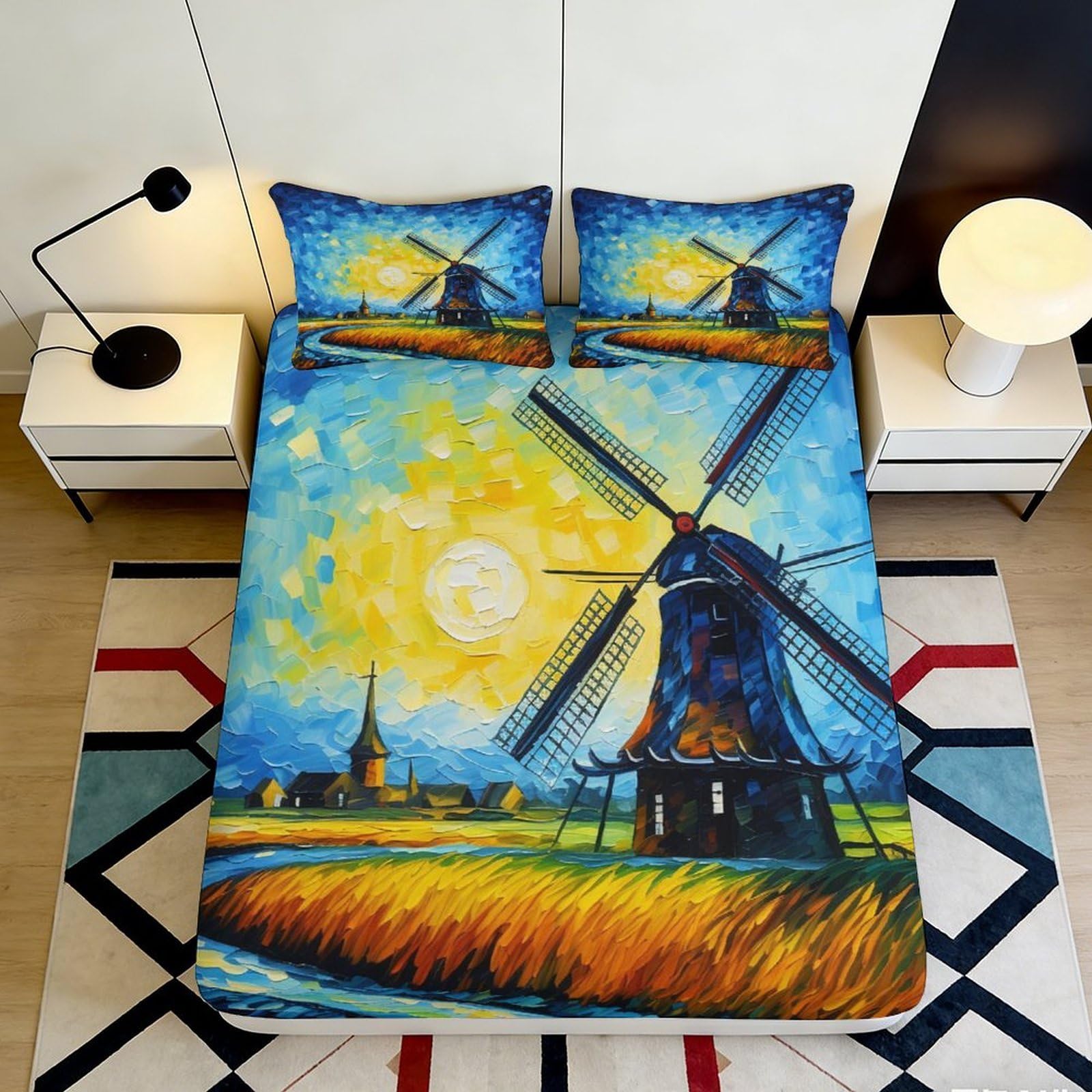 3D Printed Sunlight Windmill Fitted Sheet Microfiber Artistic Blue Yellow Bed Cover for Bedroom Guest Room Decor 90x200x25cm