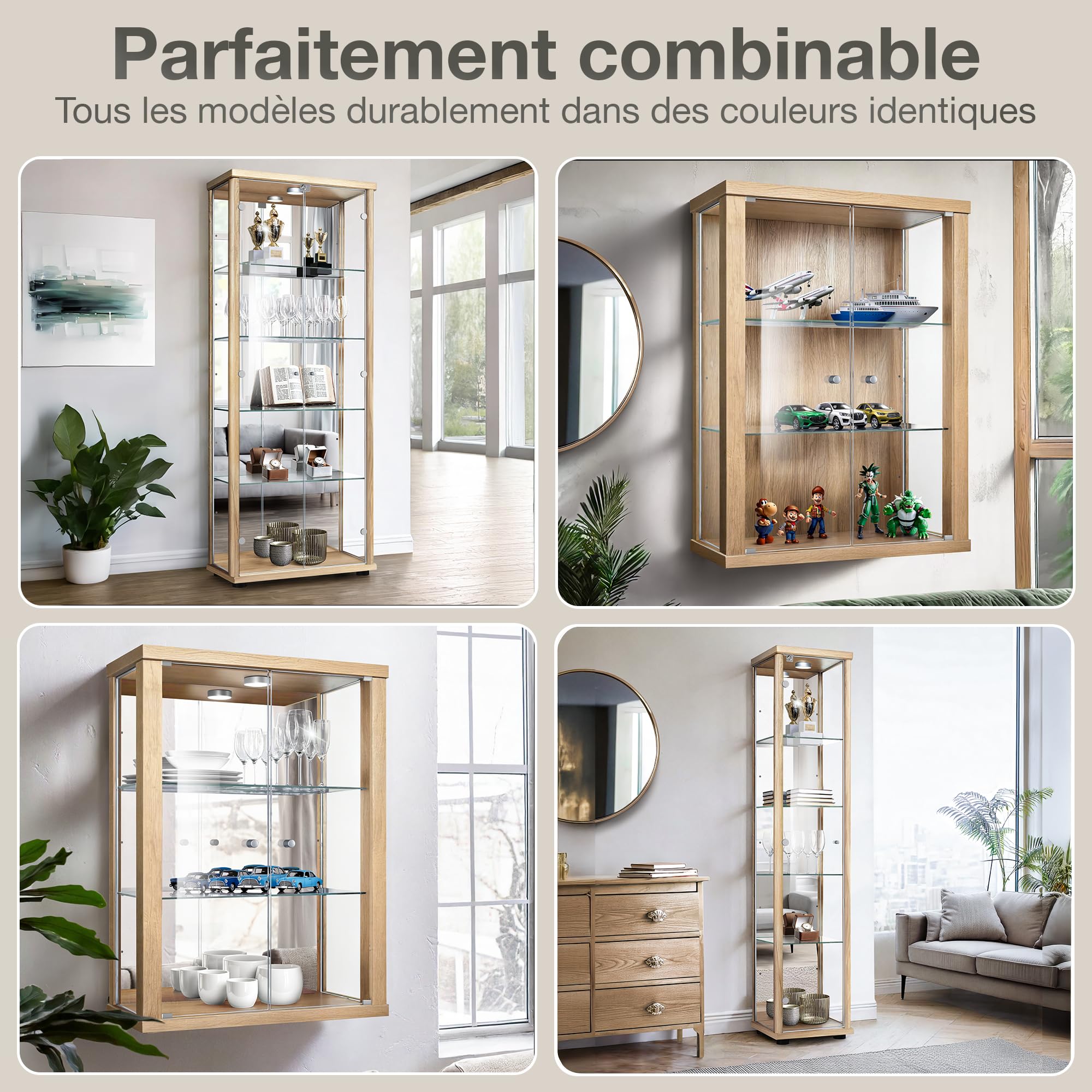 Vitrine Murale pour Collection (80x60x25cm) - Fabriqué en Allemagne - Petite Etagere Vitrine en Verre Suspendue avec 2 étagères réglables en Verre trempé (ESG), Miroir & LED in Hêtre