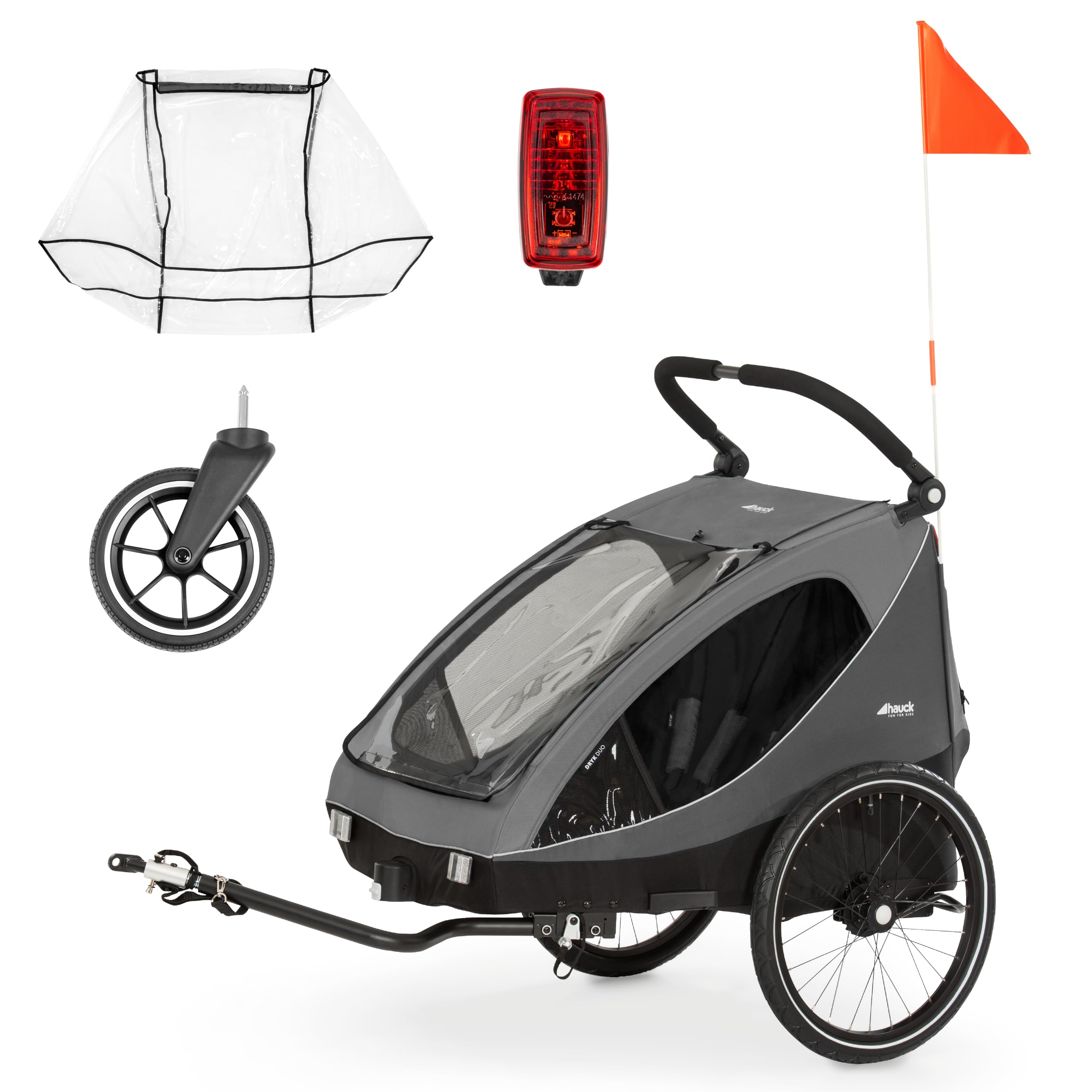 hauck Drky Duo + Regenschutz, Grey - 2in1 Kinderwagen & Fahrradanhänger für 2 Kinder ab 6 Monaten, Zwillings- & Geschwisteranhänger bis 2×22 kg, Luftreifen, Höhenverstellbarer Schieber, Faltbar