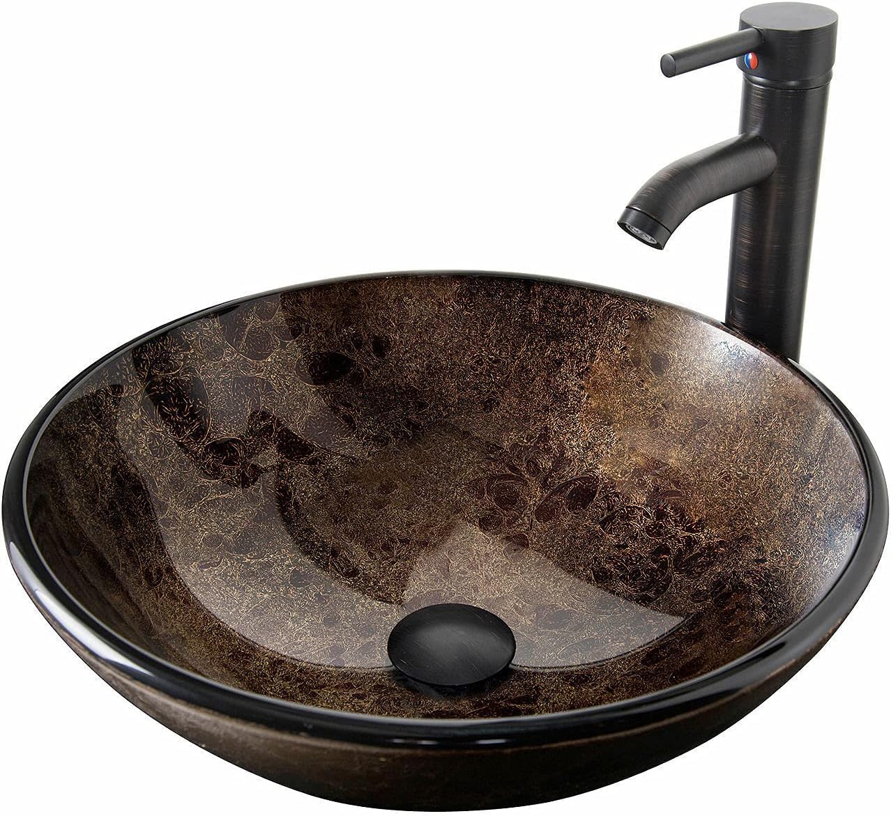 ZealWe Waschbecken Aufsatzwaschbecken Glas, Waschbecken Aufsatz Waschschale Rund für Badezimmer, Handwaschbecken Gäste WC 42 × 42 × 14 cm Waschtisch Waschplatz, Braun