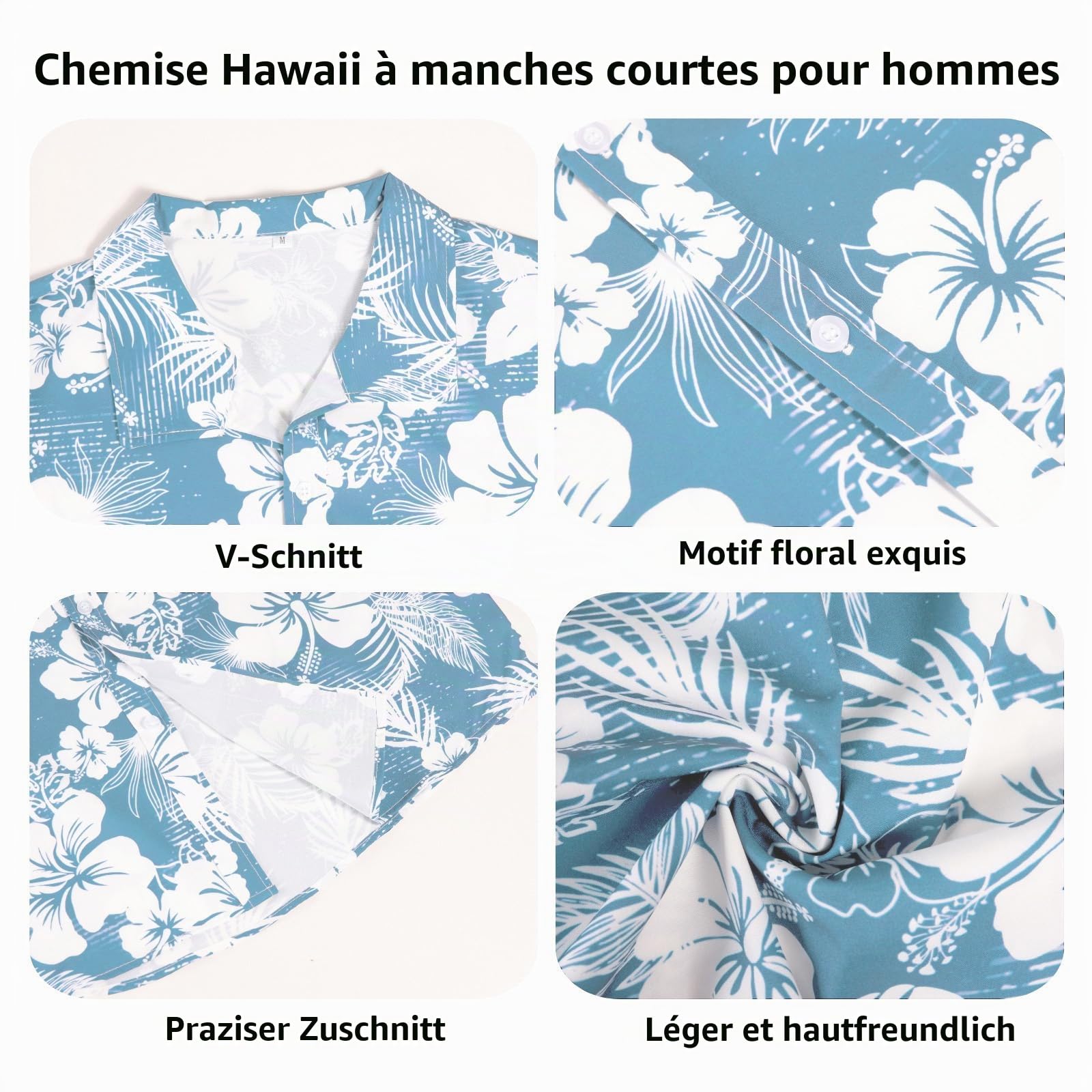 Chemise Hawaienne Homme a Fleur Manches Courtes Ete Festival Chemisette Col V Leger Boutons Tenue M-3XL