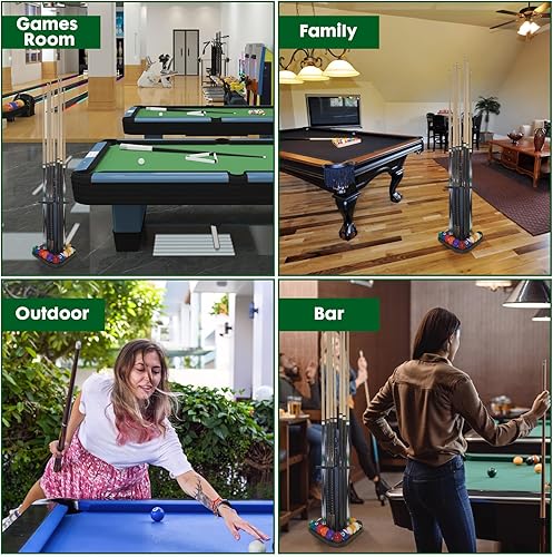 Miniatura 5 de Soporte de piso para taco de billar de madera, organizador de sala de juegos, con capacidad para 9 tacos, juego completo de bolas y accesorios,