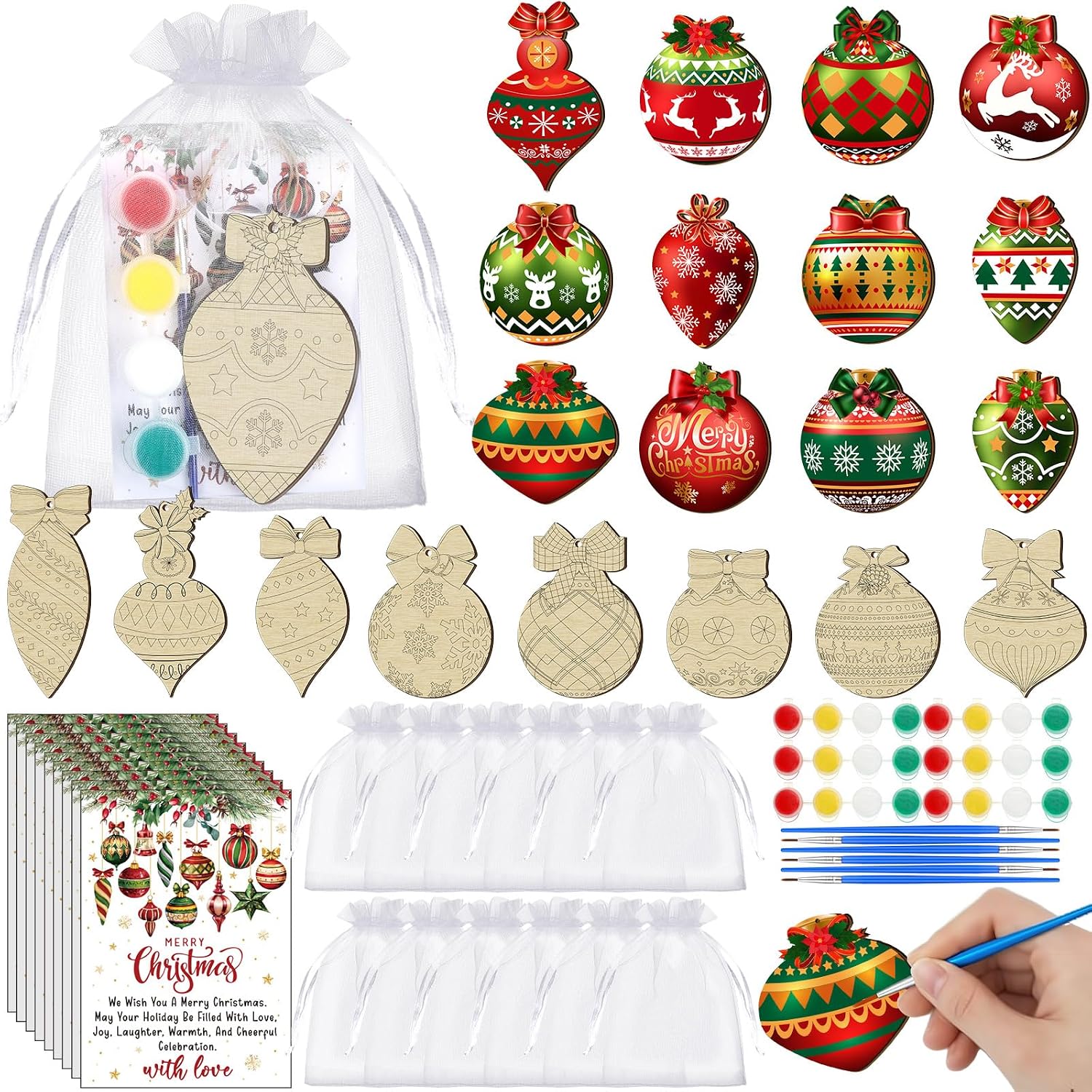 Marspark 20 Set Christmas Painting Craft Kit Wooden Gifts Painting Kit with Card Paint Your Own Xmas Ornaments Unpainted Xmas Ball Shaped DIY Craft for Party Favor Supplies