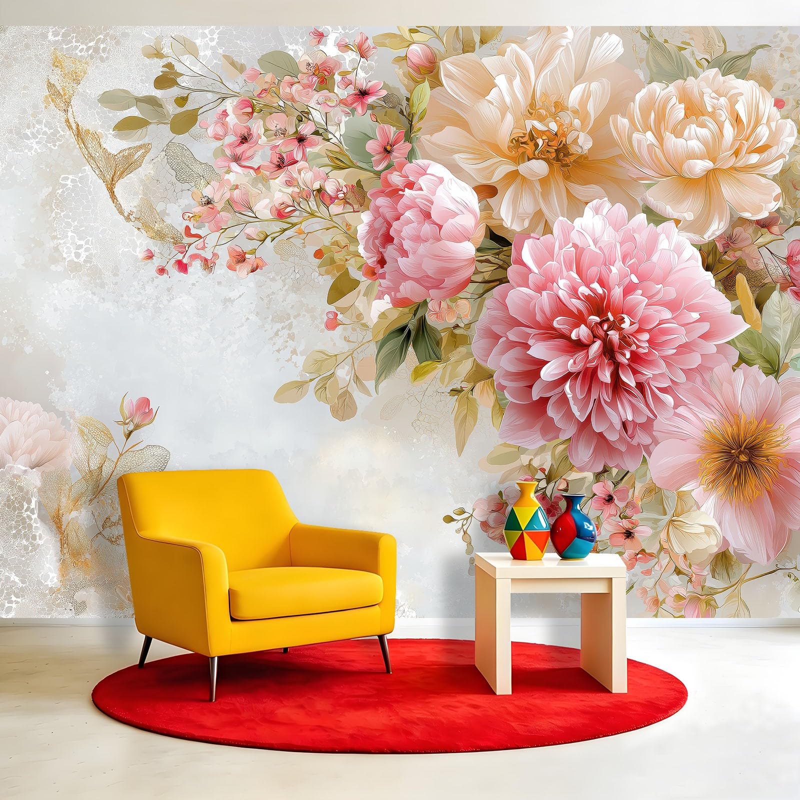 Carta da parati fotografica in tessuto non tessuto, stile vintage, francese, 200 x 140 cm (larghezza x altezza), decorazione murale con peonie e crisantemi, grande rivestimento murale per soggiorno e