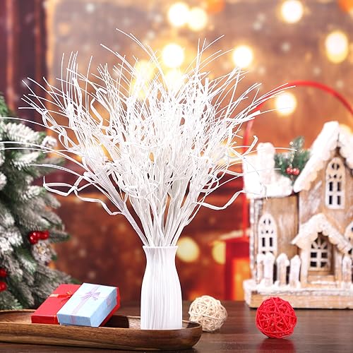 Miniatura 4 de Craftsatin 24 piezas de ramas rizadas con purpurina para árbol de Navidad, ramas de sauce con purpurina, guirnalda de arreglos florales con