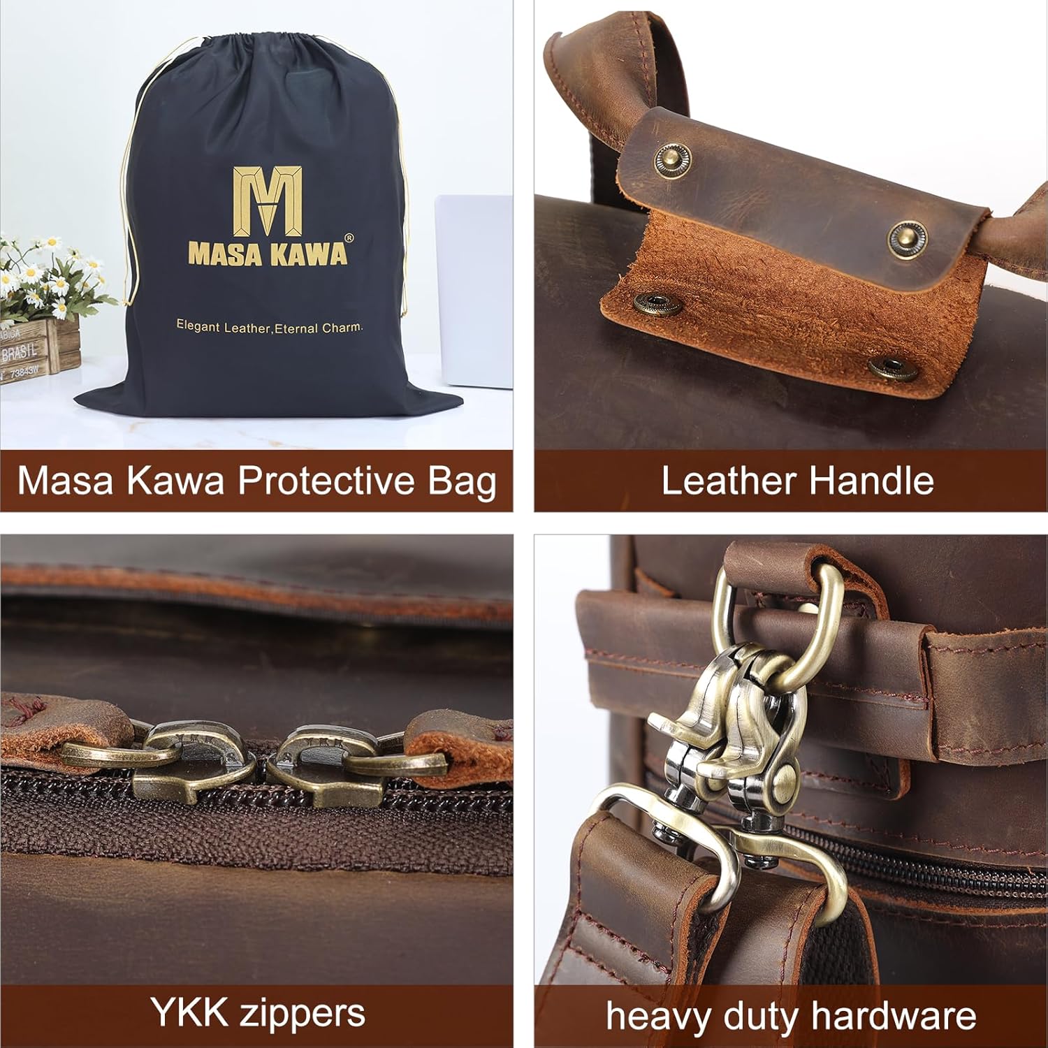 Masa Kawa Leather Duffle Bags for Men, 30L Travel Gym Overnight Weekender Duffel Bag with Dividers Wet Pocket, Brown