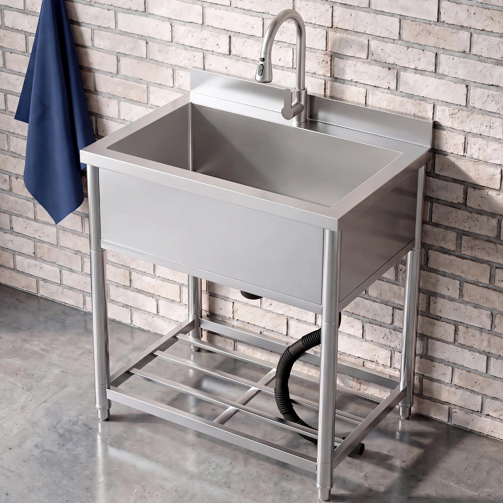 70cm Gran Fregadero de Acero Inoxidable Independiente con Grifo | Fregadero de Cocina Comercial, Fregadero de Inox para Exterior, Cocina, Lavadero, 57 x 90 x 94 cm