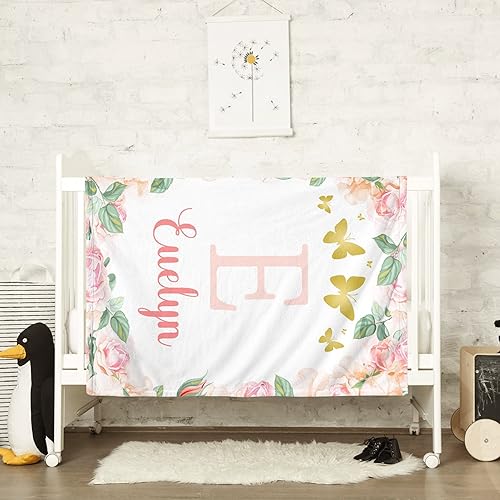 Miniatura 7 de Youltar Manta de bebé personalizada con nombre de niña, manta de bebé personalizada, suave y cómoda, manta de mariposa floral rosa, perfecta para