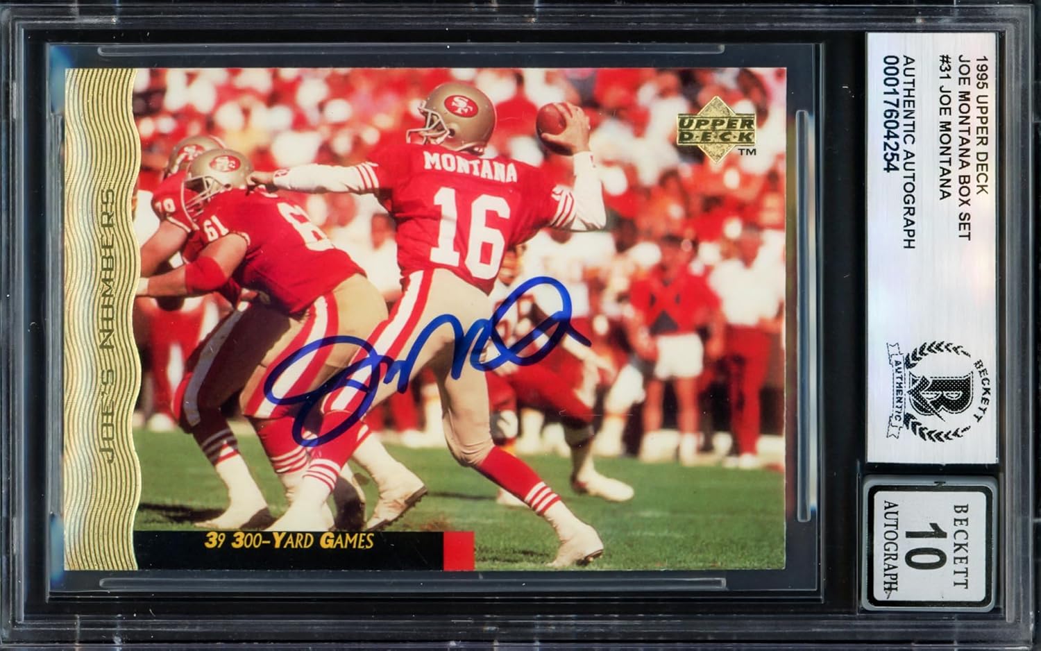 Joe Montana Autographed 1995 U.p.p.e.r D.e.c.k Football Card #31 Auto Grade Gem Mint 10 Beckett BAS #17604254