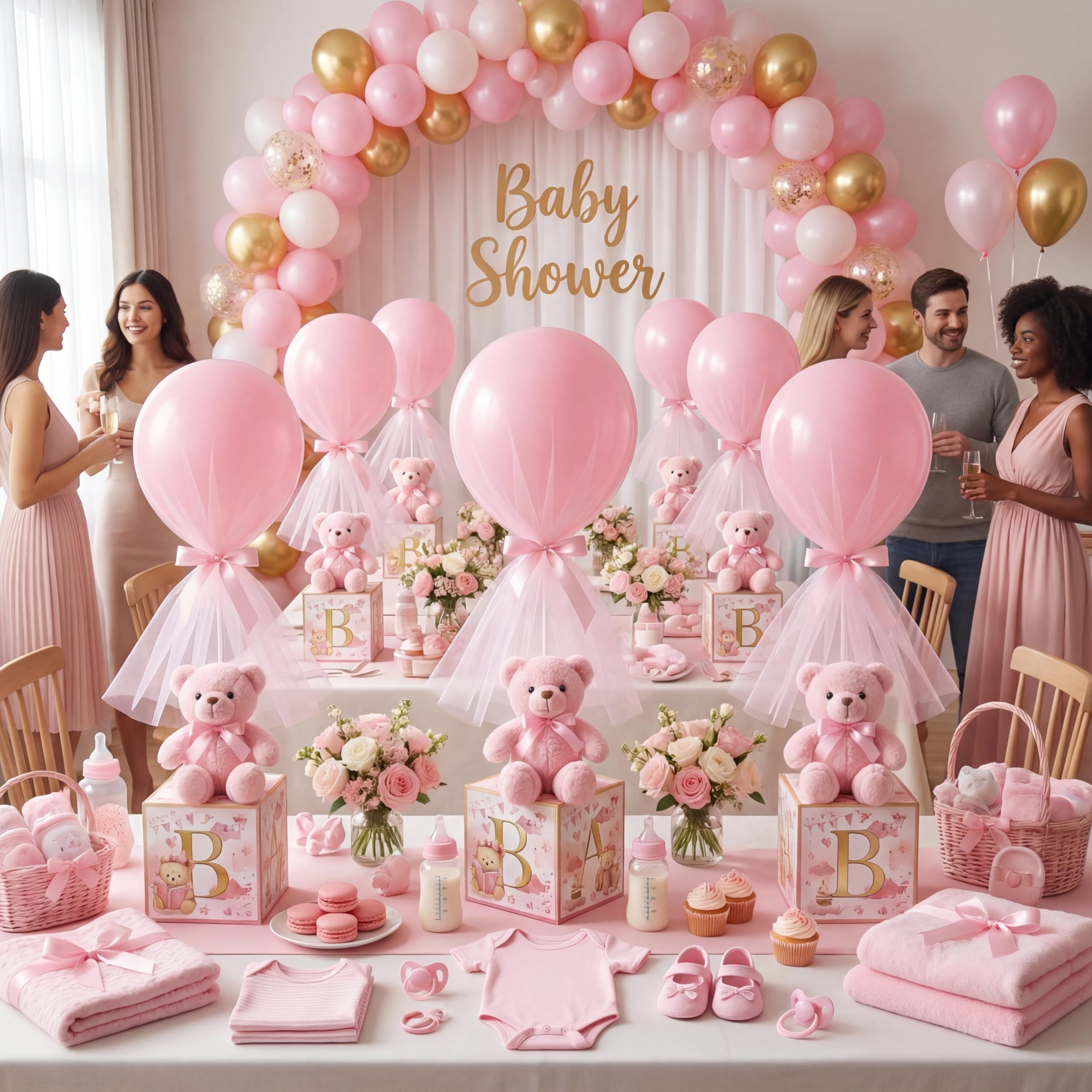 Outus 8 Sets Rosa Bär Babyparty Dekorationen mit Buchstaben Boxen für Babyparty Tisch Mittelstücke Stoffbären Ballon Rosa Boxen mit Ständer Bär Plüschtier Bären für Geschlecht Enthüllung Geburtstag