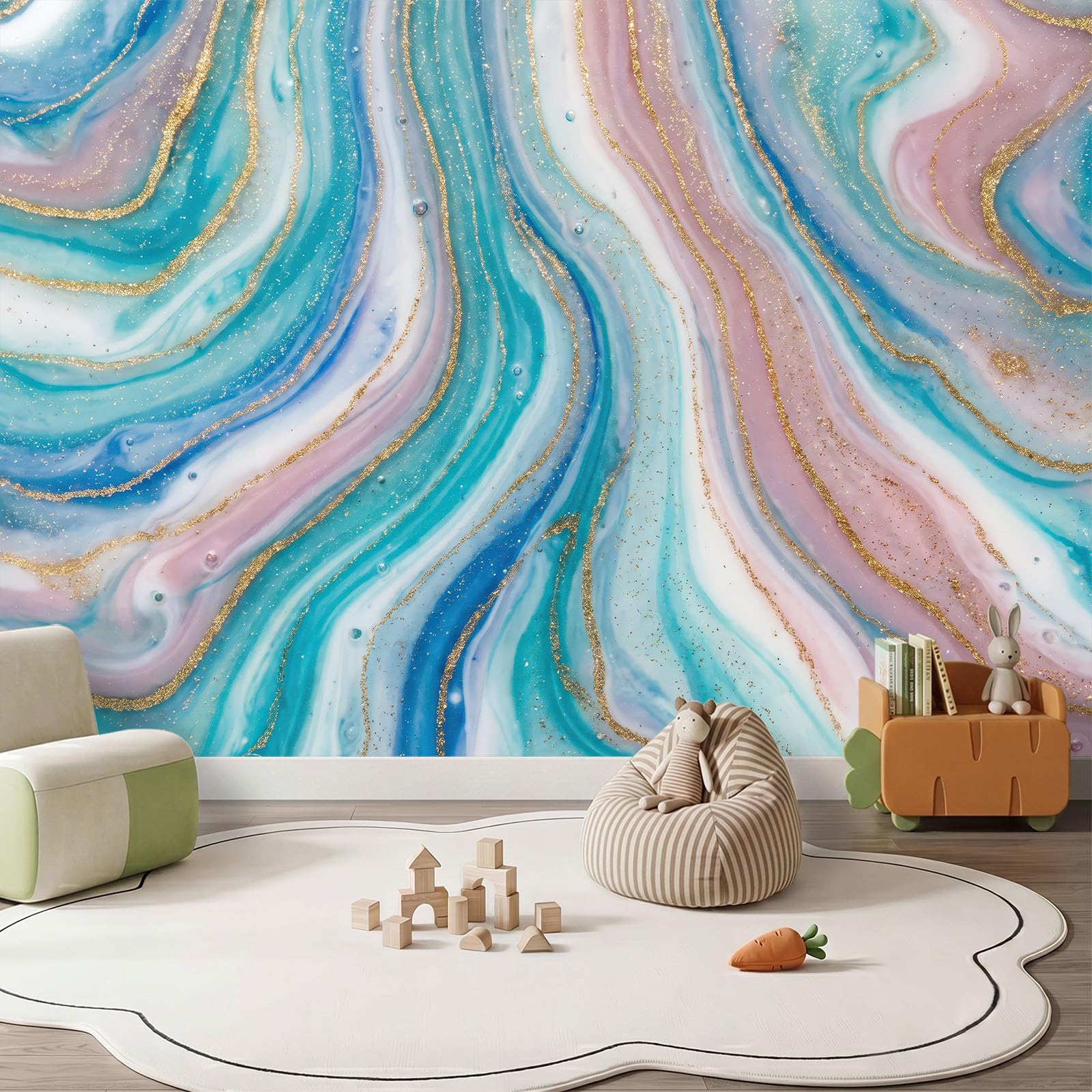 Papel pintado 3D panorámico de lujo discreto, efecto acuarela curvo póster, 250 x 175 cm (L x H) Papel pintado no tejido de pared para salón de niños, sofá TV fondo decoración, rosa azul