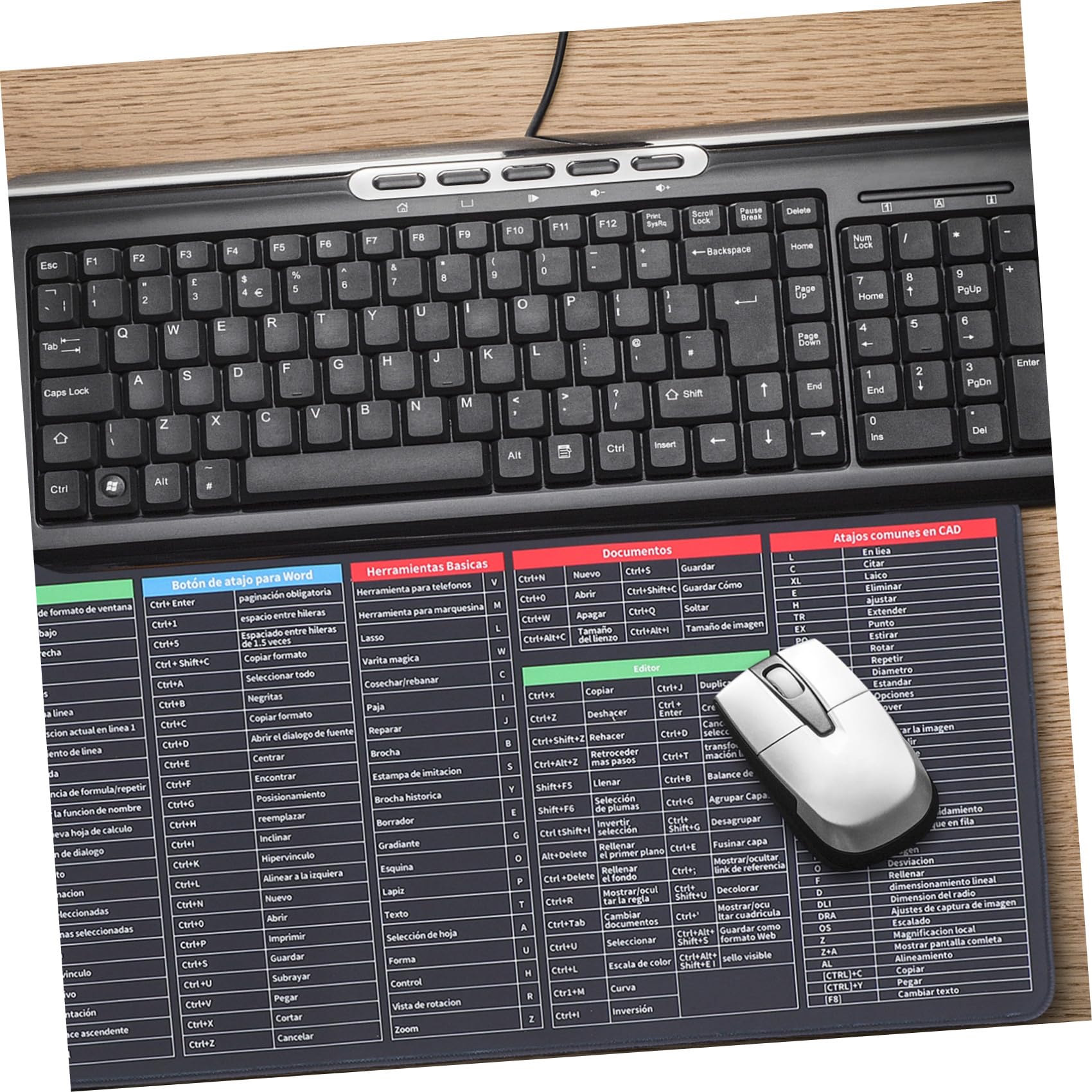 DOITOOL Mauspad mit Tastenkombinationen 300x800x3mm für Büro | Excel Spickzettel Schreibtischunterlage, Gaming Matte, Multifunktionales Computer Mauspad, Spanisch