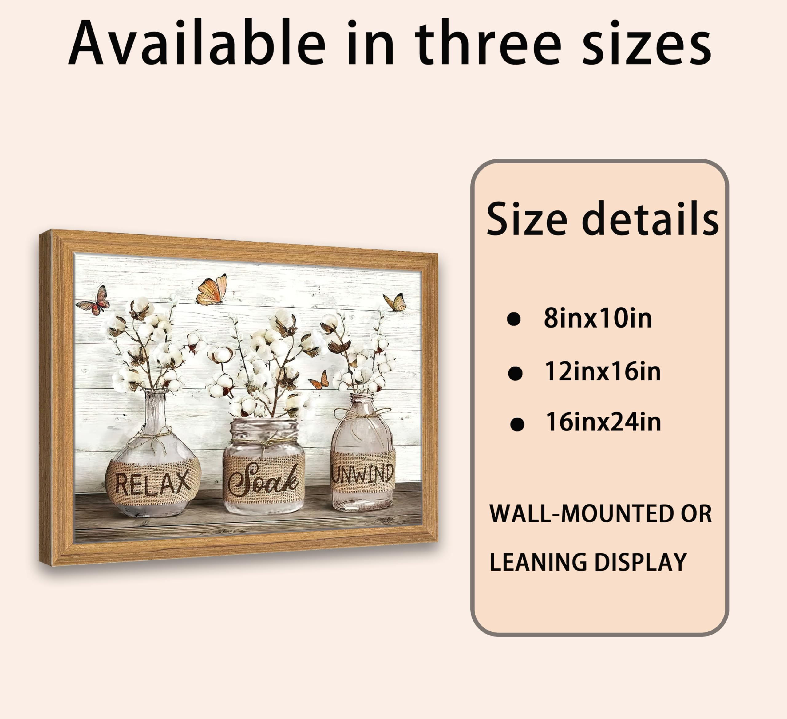 Framed Farmhouse Bathroom Canvas Wall Art Brown Rustic Cotton Flower Painting Picture Wall Decor Modern Relax Soak Unwind Sign Poster Print Artwork for Living room Restroom Home Decoration — view 3