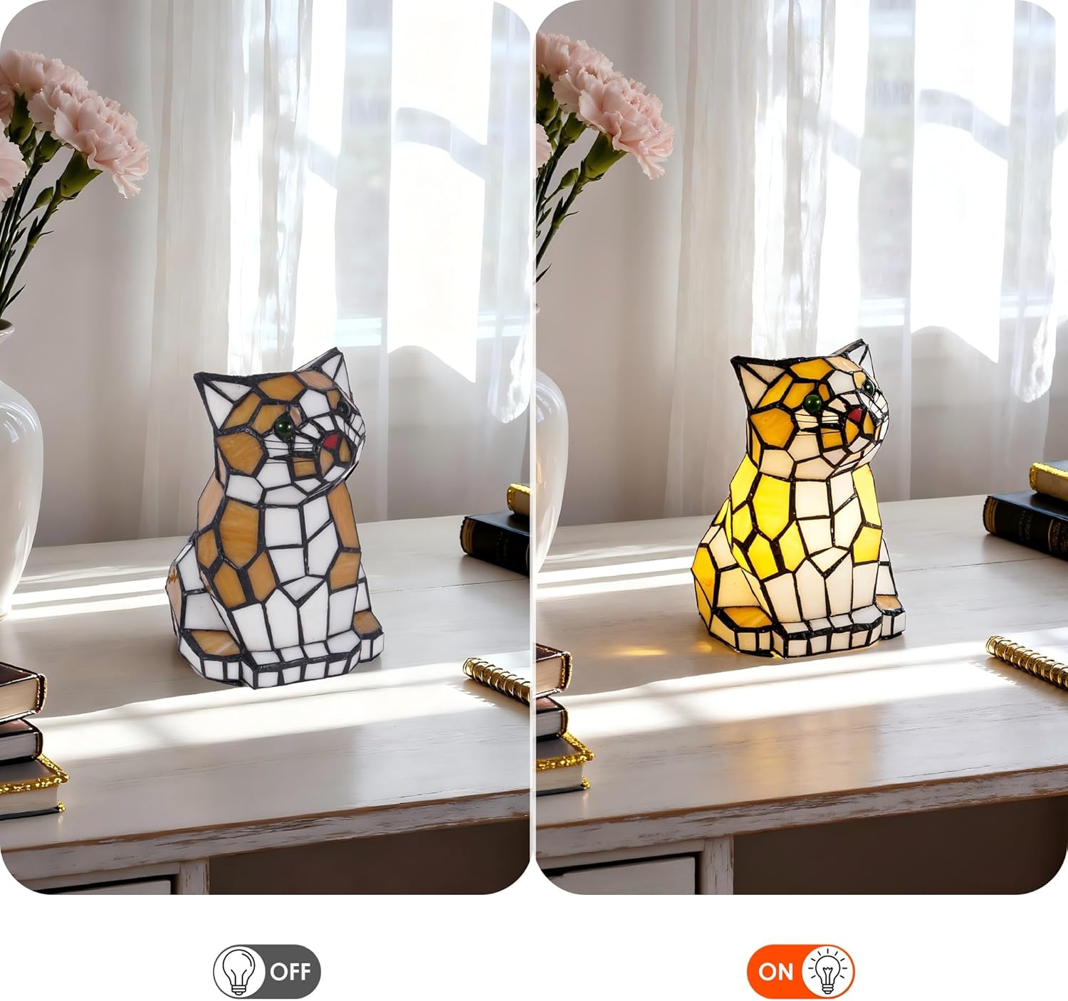 Cat Table Lamp, Yellow and White Stained Glass Animal Table Lamp, Cute Cat Waits for Someone to Play with Stained Glass Accent Table Lamp Night Light for Home Decoration
