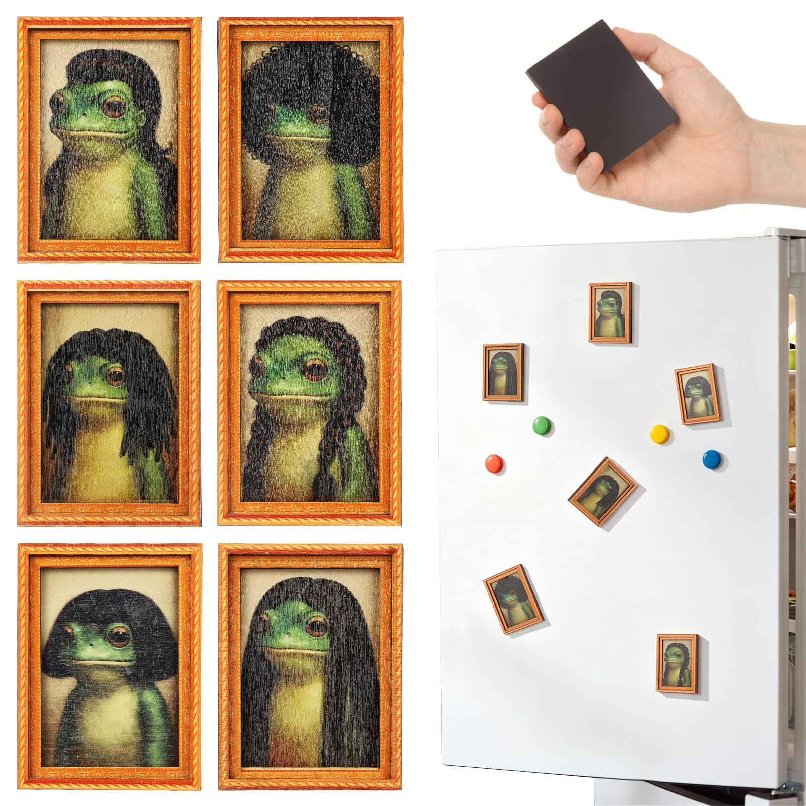 6Pcs Funny Frog Fridge Magnet, 3D Frog Refrigerator Magnets, Retro Wood Framed Magnetic Frogs Photo Frames, Retro Magnetic Frogs Decoration, 6×8cm for Garage Door Kitchen Indoor Outdoor