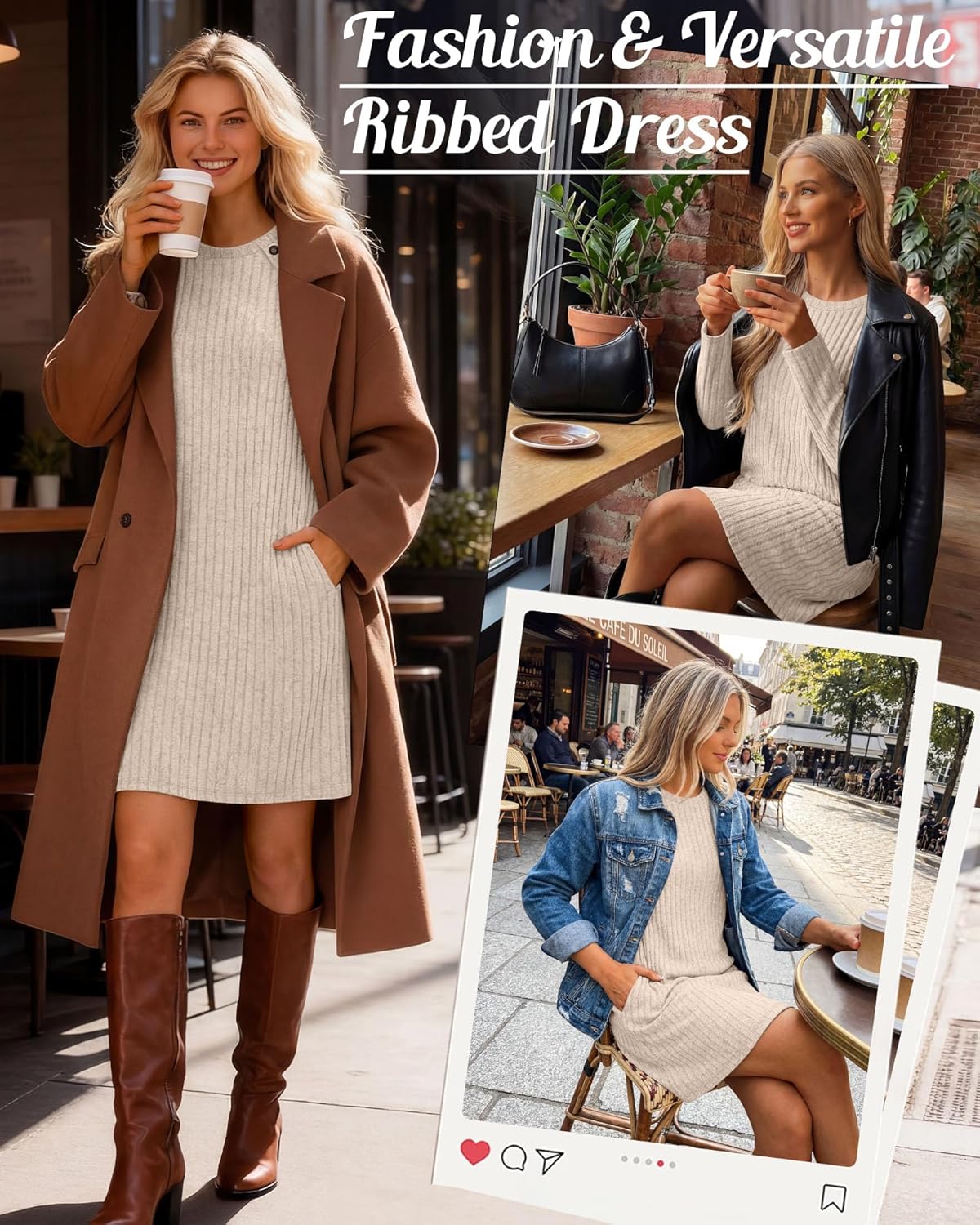 Women's Long Sleeve Loose Sweater Dress Crew Neck Knit Dress with Pocket Ribbed Button Side Fall Casual Tunic Top - Image 2