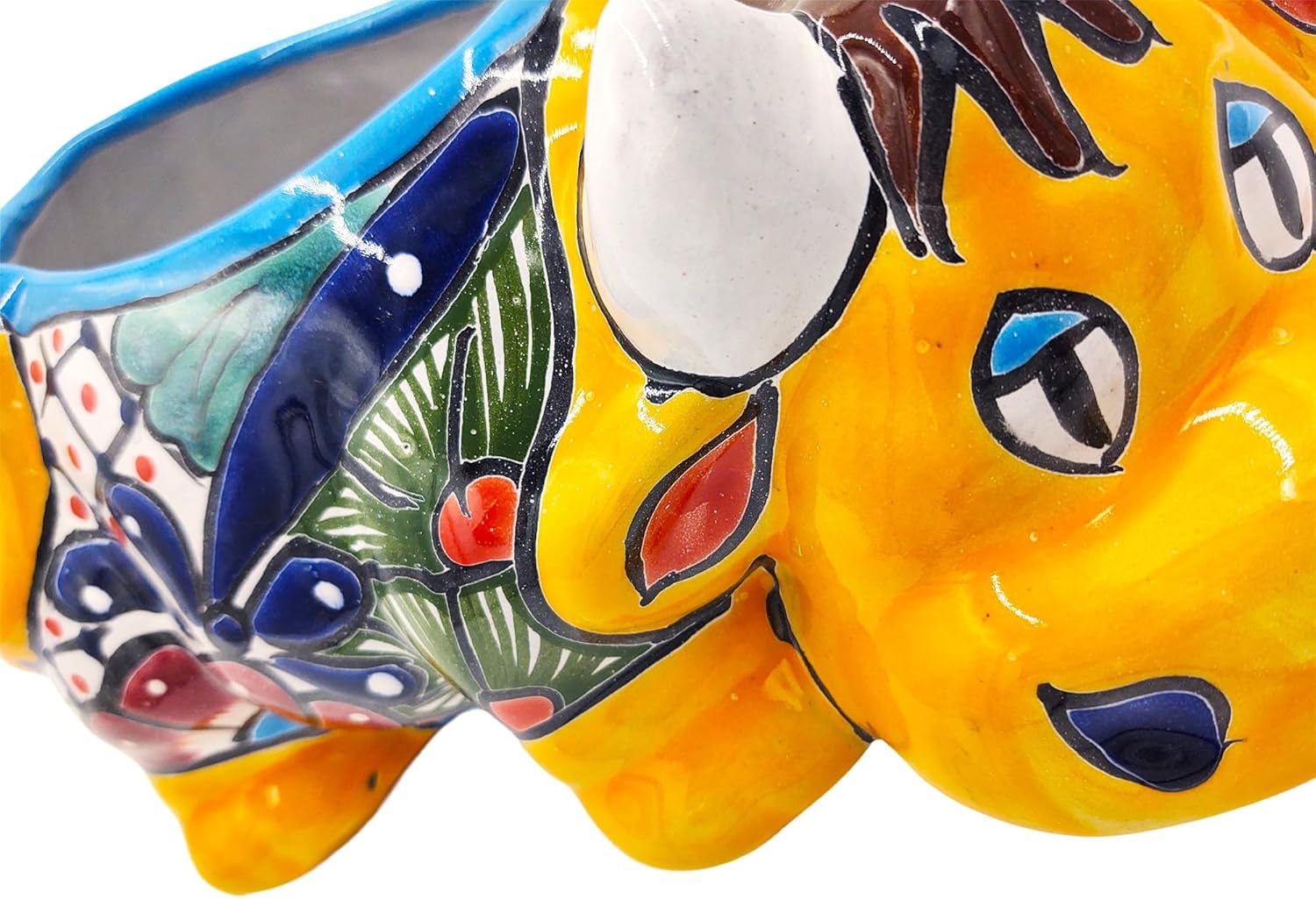 Cactus Canyon Ceramics Vaca Echada (Resting Cow) Mexican Talavera Planter Pot (13" D x 9" W x 5.5" H) Hand Painted - Yellow Body Color - Mexican Decor Planter Cow