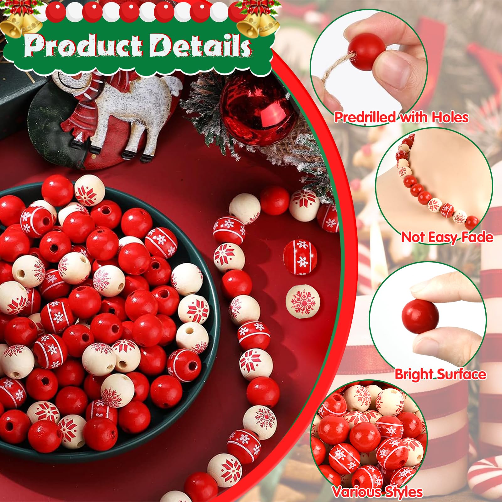 SUNNYCLUE 600 stuks houten kerstkralen 10 mm knutselkralen houten groen rood ondoorzichtige ronde kraal afstandhouders decoratie losse kralen met gat voor kerstboom muur sieraden maken benodigdheden