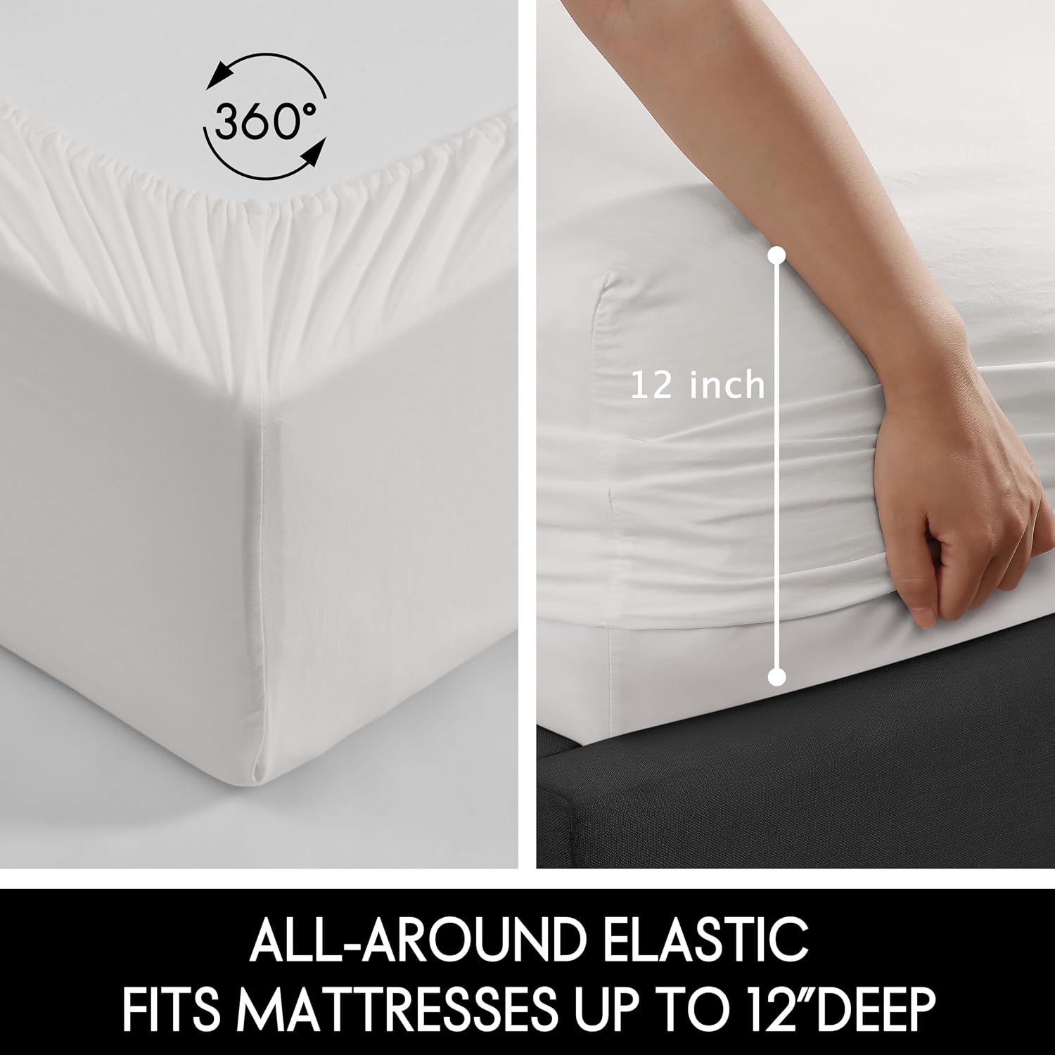 ELLE Decor Garment Washed Solid Microfiber 6-Piece Bed Sheet Set, 12-inch Deep Pocket, Queen, White