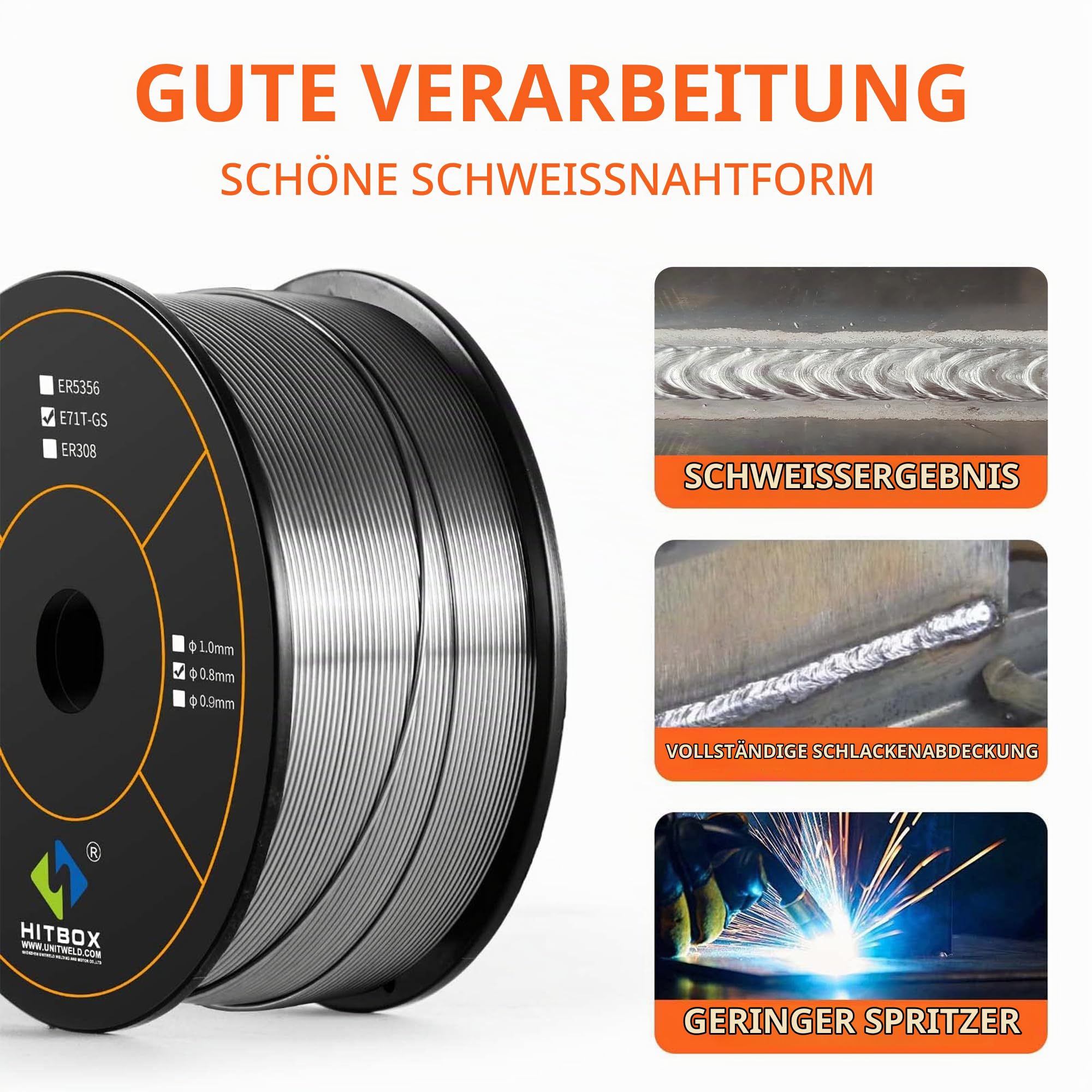 HITBOX E71T-GS Fülldraht ohne Gas 0,8 mm – 2 × 1 kg MIG Schweißdraht D100 Spule für Stahl- und Metallschweißen