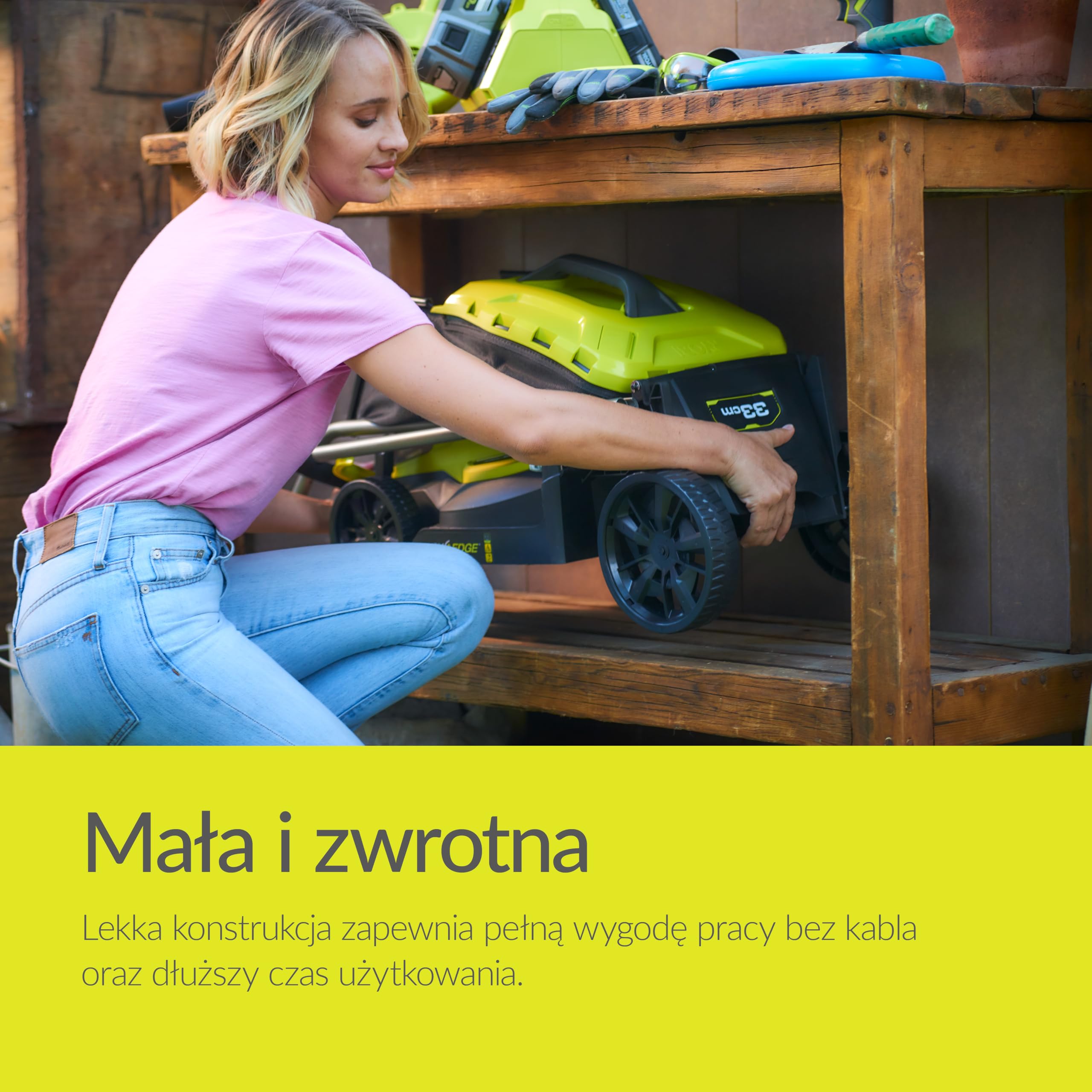 Ryobi Bezprzewodowa Kosiarka 18 V, OLM1833B, Szerokość Koszenia 33 cm, 5-Stopniowa Regulacja Wysokości Koszenia, od 25 mm do 65 mm, Kosz na Trawę 35 L, Wersja bez Akumulatora i Ładowarki
