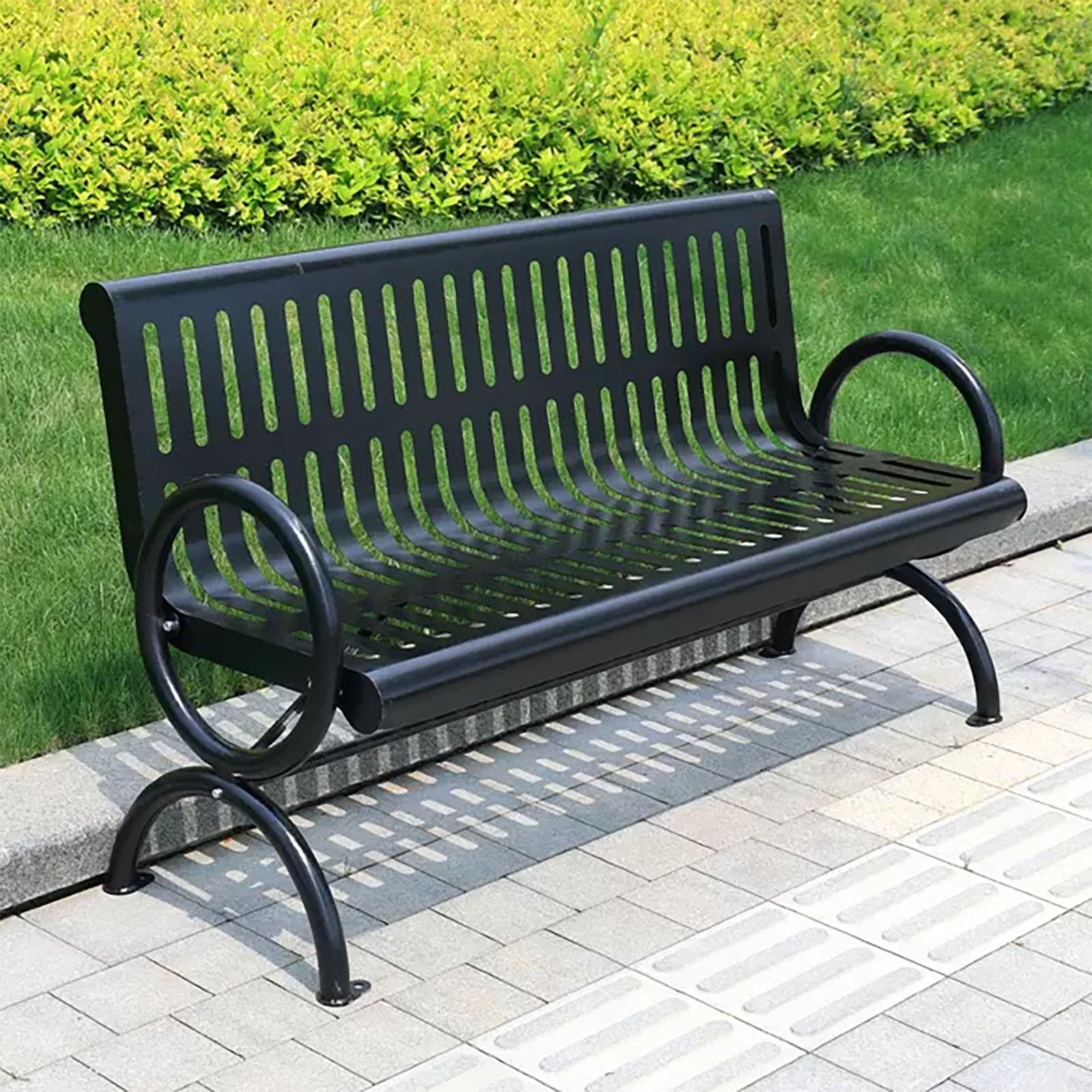 Ławka ogrodowa, solidna metalowa ławka ogrodowa z oparciem, 2-osobowa zewnętrzna konstrukcja, odporna na warunki atmosferyczne stalowa rama na podwórko, trawnik, werandę i podwórko (120