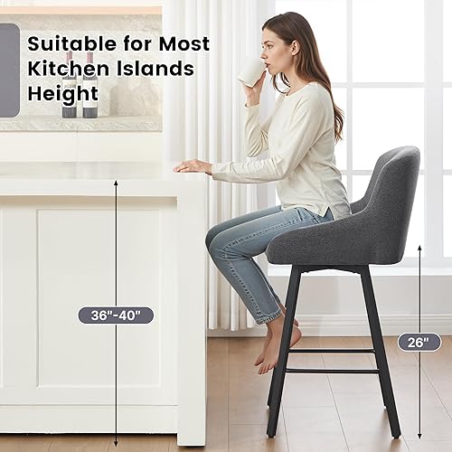 Miniatura 5 de Juego de 4 taburetes de bar giratorios tapizados de 26 pulgadas de altura de mostrador con respaldo y patas de metal, sillas de bar modernas,