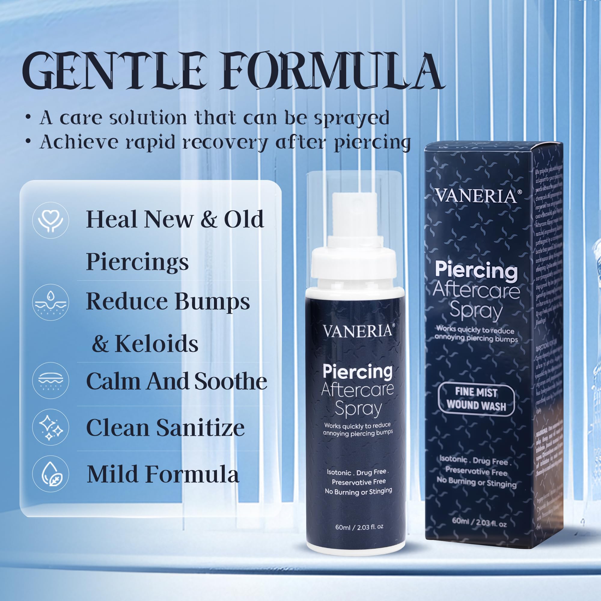 VANERIA Piercingspray Piercingcare, Spray Cuidado Post-Punción, Tatuajespray Para la perforación de orejas, nariz y otras partes del cuerpo 60ml