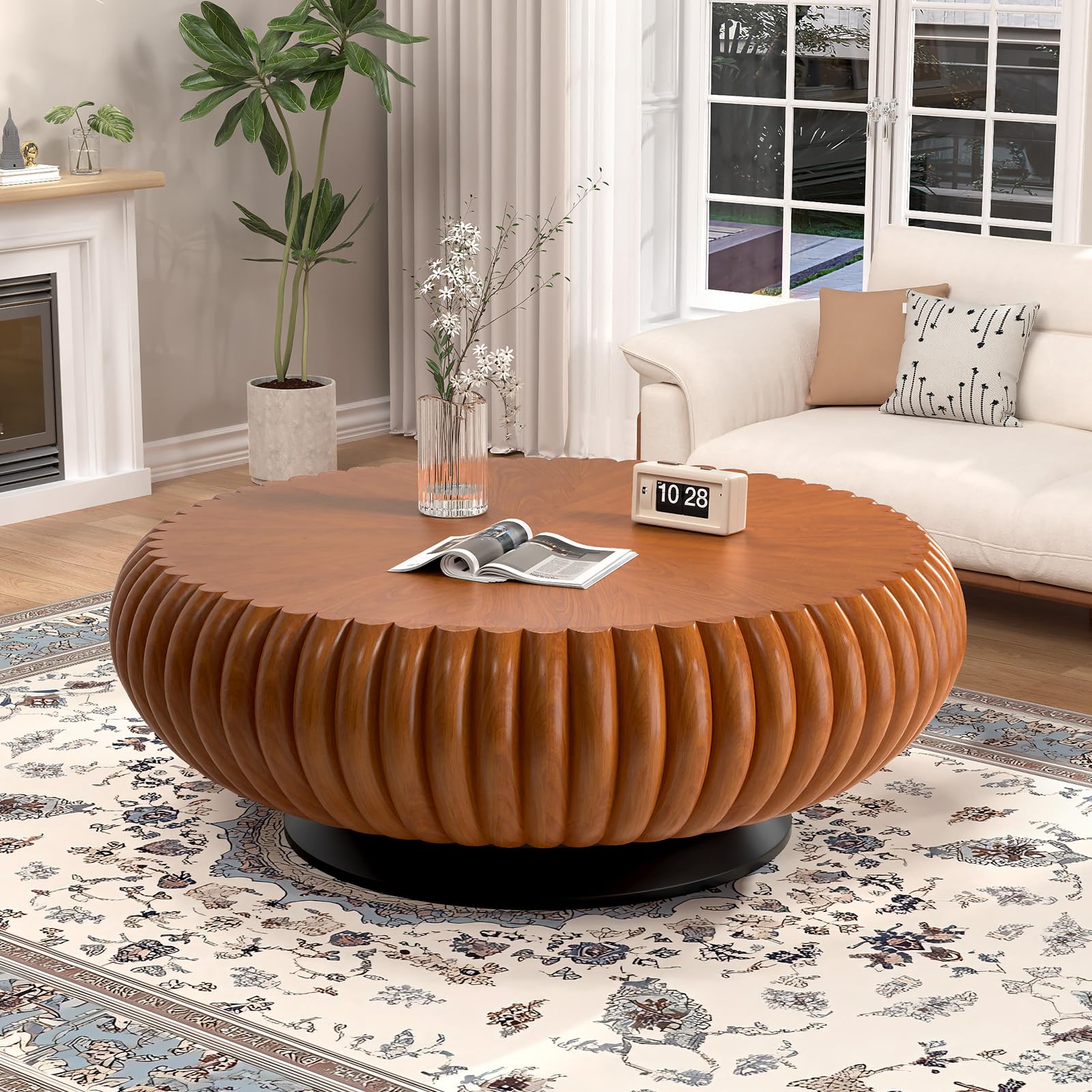 DYHQQ Round Fluted Coffee Table with Sturdy Pedestal Base