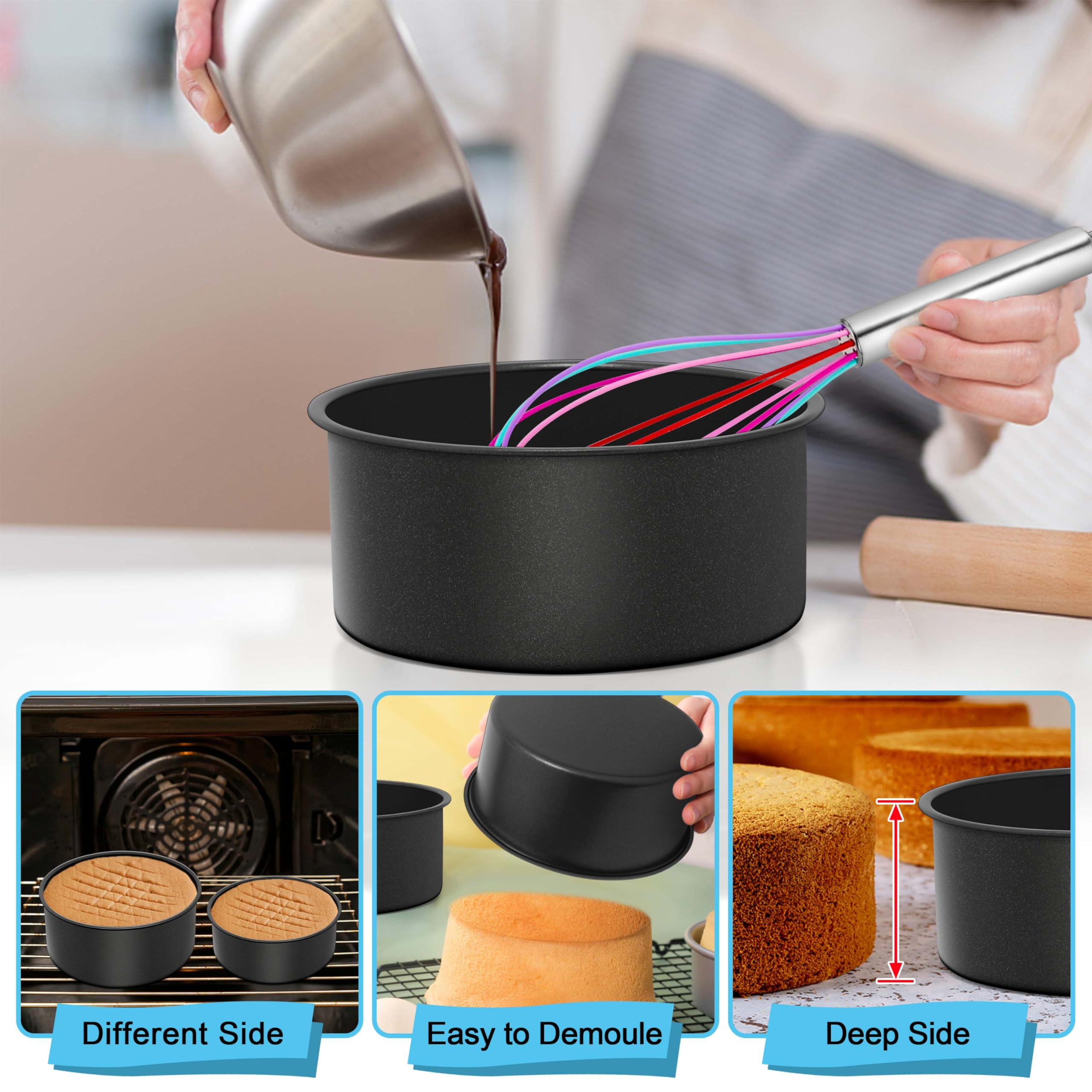 E-far Juego de 3 moldes para tartas (6/8/9½ pulgadas), moldes redondos de acero inoxidable antiadherentes para hornear pasteles de boda, núcleo de acero inoxidable y revestimiento no tóxico, lado