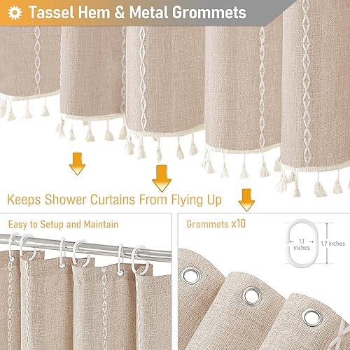 Miniatura 5 de BTTN Juego de cortina de ducha de tela, estrecha, 54 x 78 pulgadas, bohemio, para baño, rayas, lino, resistente, borlas, 10 ganchos, rústico,
