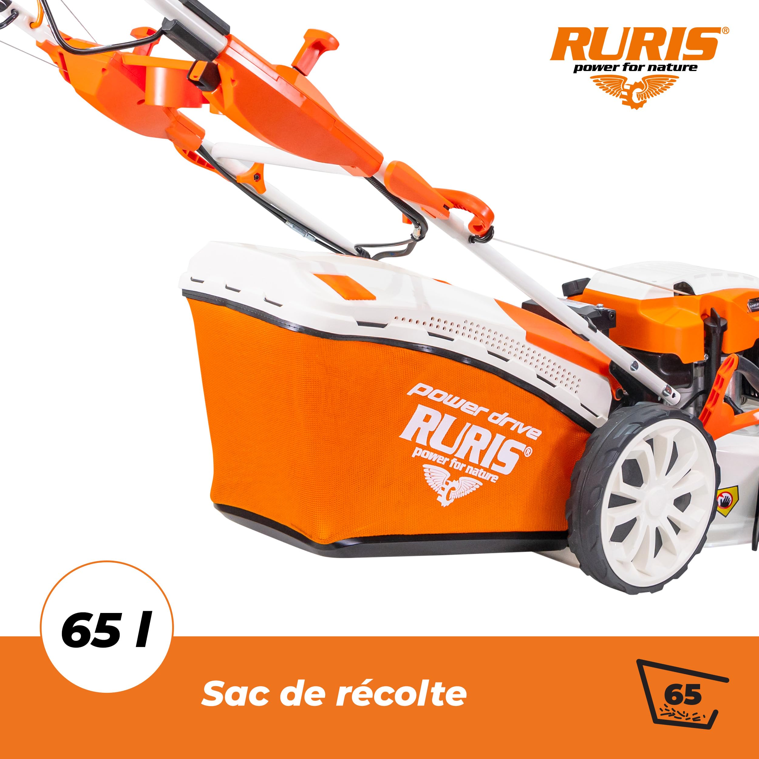 RURIS POWER FOR NATURE Tondeuse à Gazon Thermique 5 en 1 Mulching 5,7 CV 196cc RX500S, Orange | Démarrage électrique. Ramassage, Éjection Arrière et Latérale, Mulching, Nettoyage, Châssis en Acier