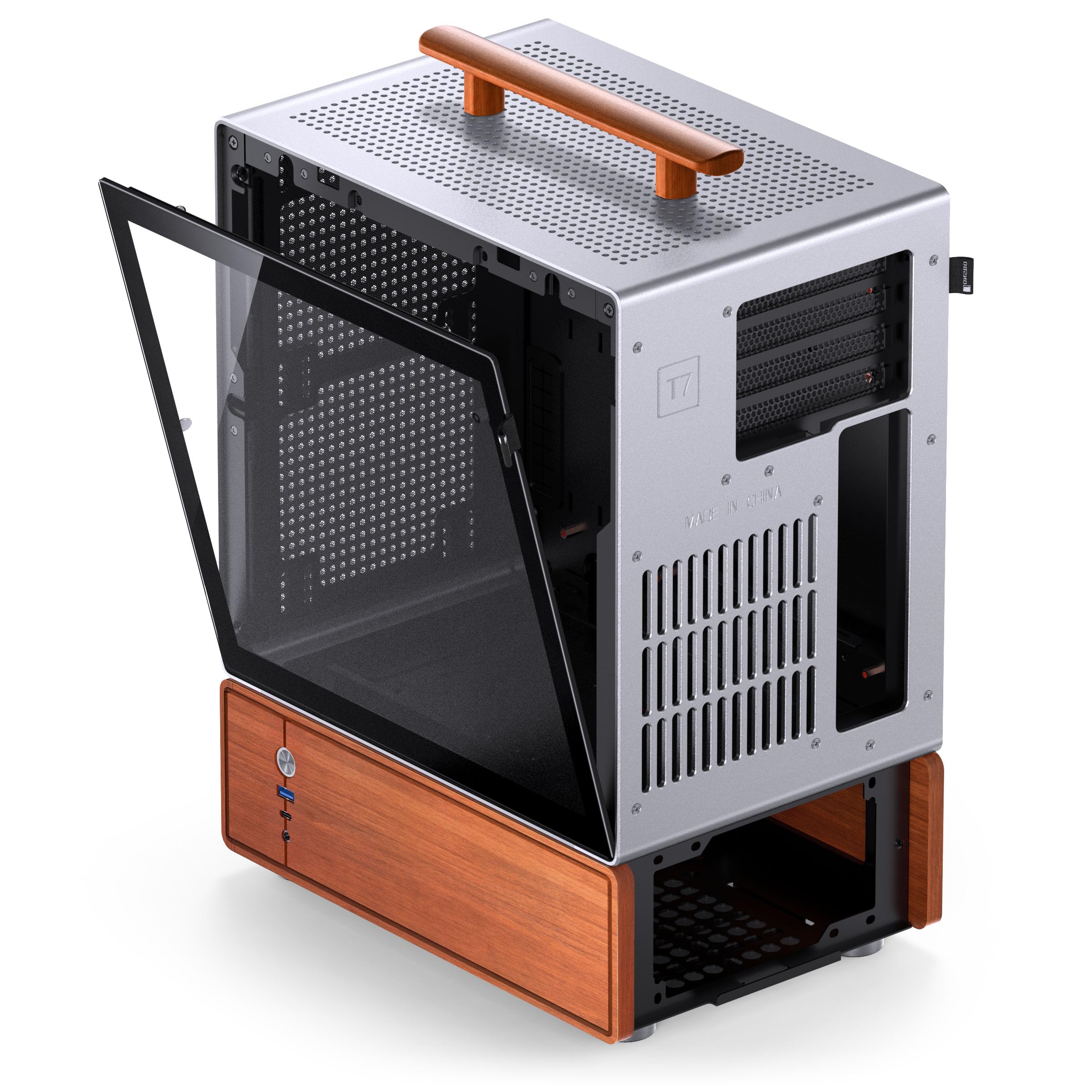 Jonsbo T7 Micro-ATX PC-Gehäuse – Silber | mATX Case mit Aluminium & Holzgriff, Tempered Glass, Zwei-Kammer-Design, USB-C