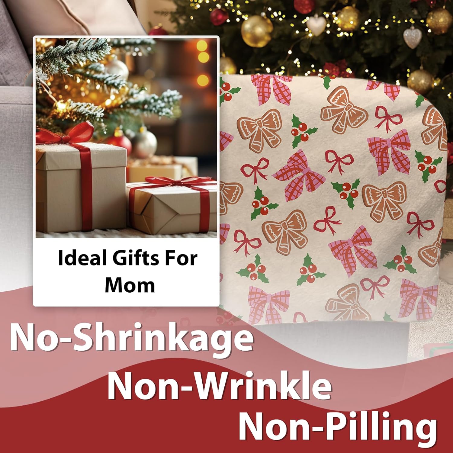 Pink Christmas Bow Flannel Throw Blanket, Xmas Coquette Ribbon Holly Berries Preppy Birthday Gifts for Kids Men Women, Winter Holiday Soft Blankets for Bedding Sofa 50 x 60 Inches - Image 2