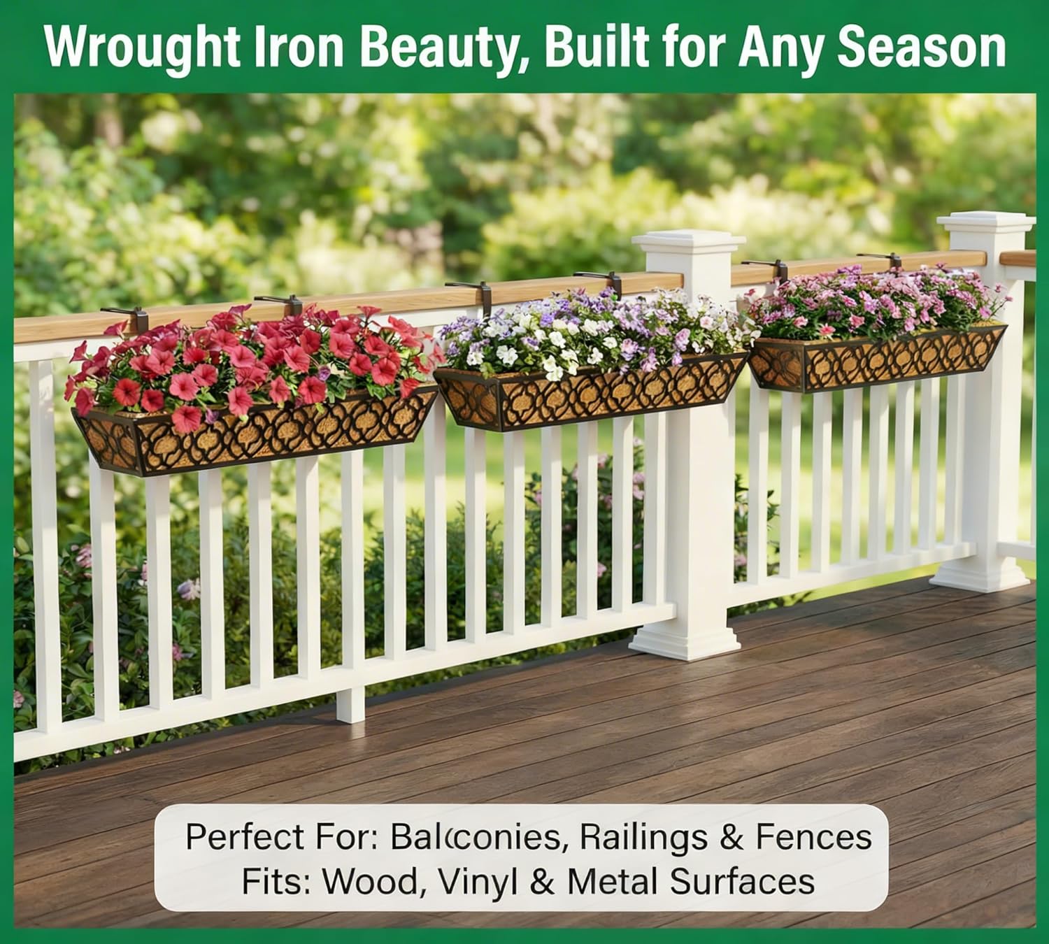 Y&M 6Pcs 30 Inch Large Window Box Railing Planter with Coco Liner, Outdoor Window Flower Boxes Over The Railing Planter Boxes Deck Fence Porch Patio Planter