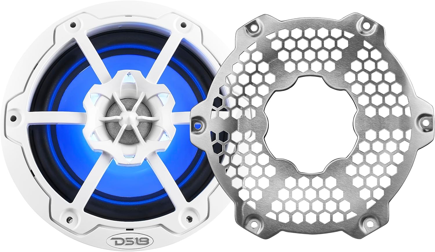 DS18 Hydro NXL-6M/WH - High End Mesh Grill Coaxial Speaker Pair - 2-Way Car Speaker with Integrated RGB Lights - 300 Watt Car Audio System - Water Resistant Speakers - 6.5 Inches, White