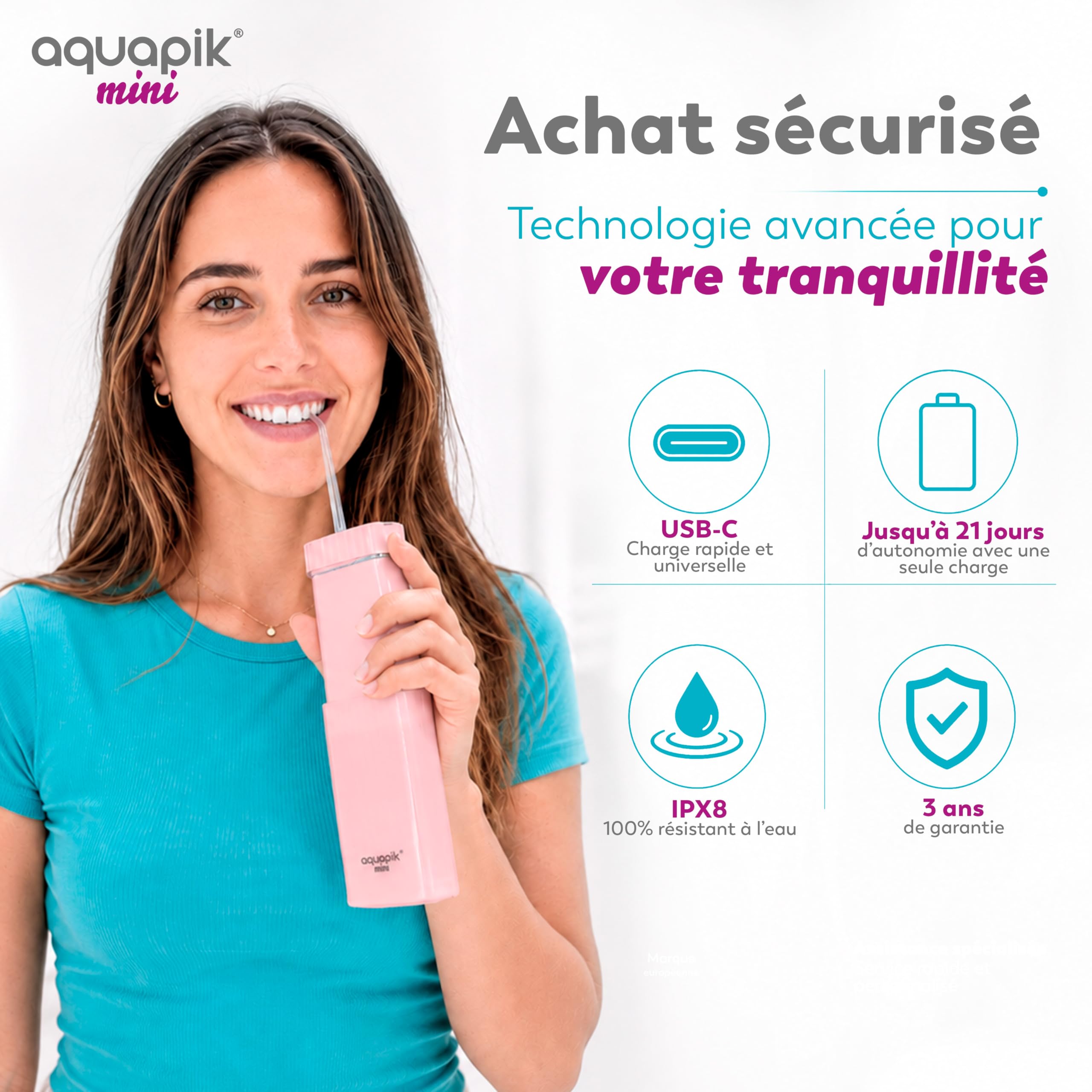 Aquapik® Mini Hydropulseur Dentaire Portable 200 ml, réservoir télescopique, rechargeable USB-C, 3 modes de pression, étanche IPX8, idéal pour les voyages et le bureau, nettoyage dentaire profond.