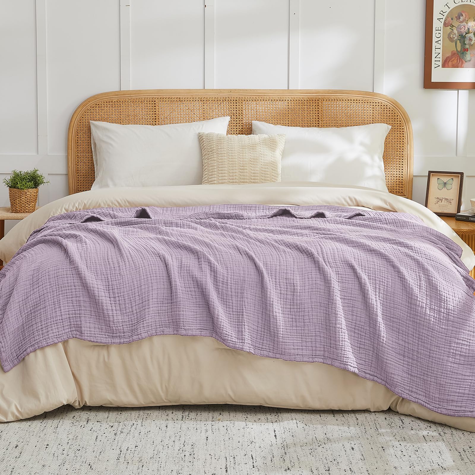 EMME Copriletto in Musolina 150x200 cm – 4 Strati di Tessuto Melange, Oeko-TEX 100, Morbida Copriletto & Coperta da Letto in Cotone per Divano e Letto, Melange Lavanda