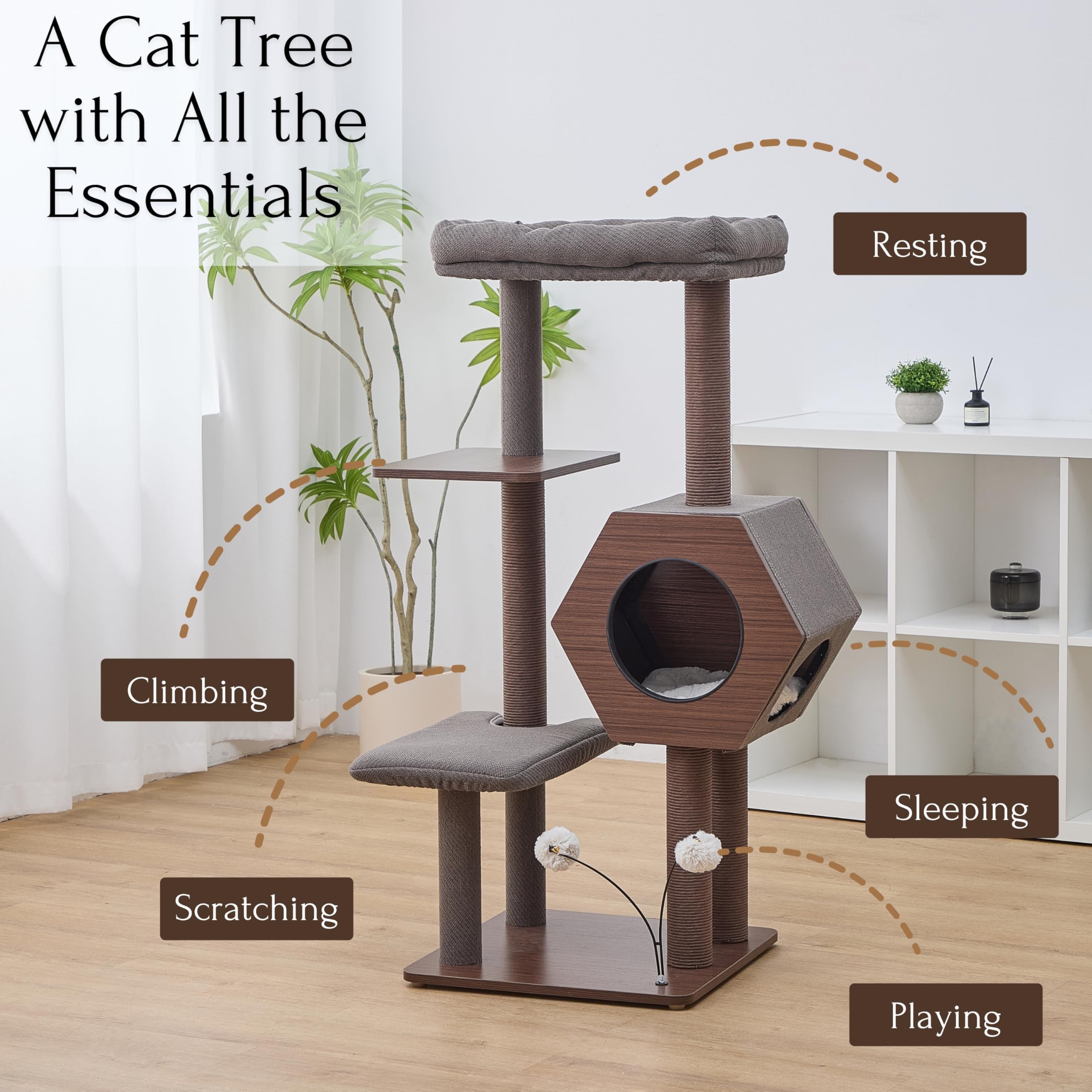 PetPals 5-Level 46.4” Mid-Century Modern Cat Tree with Hexagon Condo, Replaceable Recycled Paper Rope Scratchers, Washable Bed&Toys, Quick Assembly, Ideal for Medium Cats,Dark Brown - image 2
