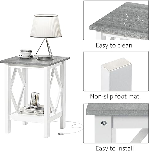 Miniatura 5 de Mesa auxiliar de granja, mesa auxiliar pequeña con estación de carga, mesita de noche con estante de almacenamiento, puertos USB y salidas para