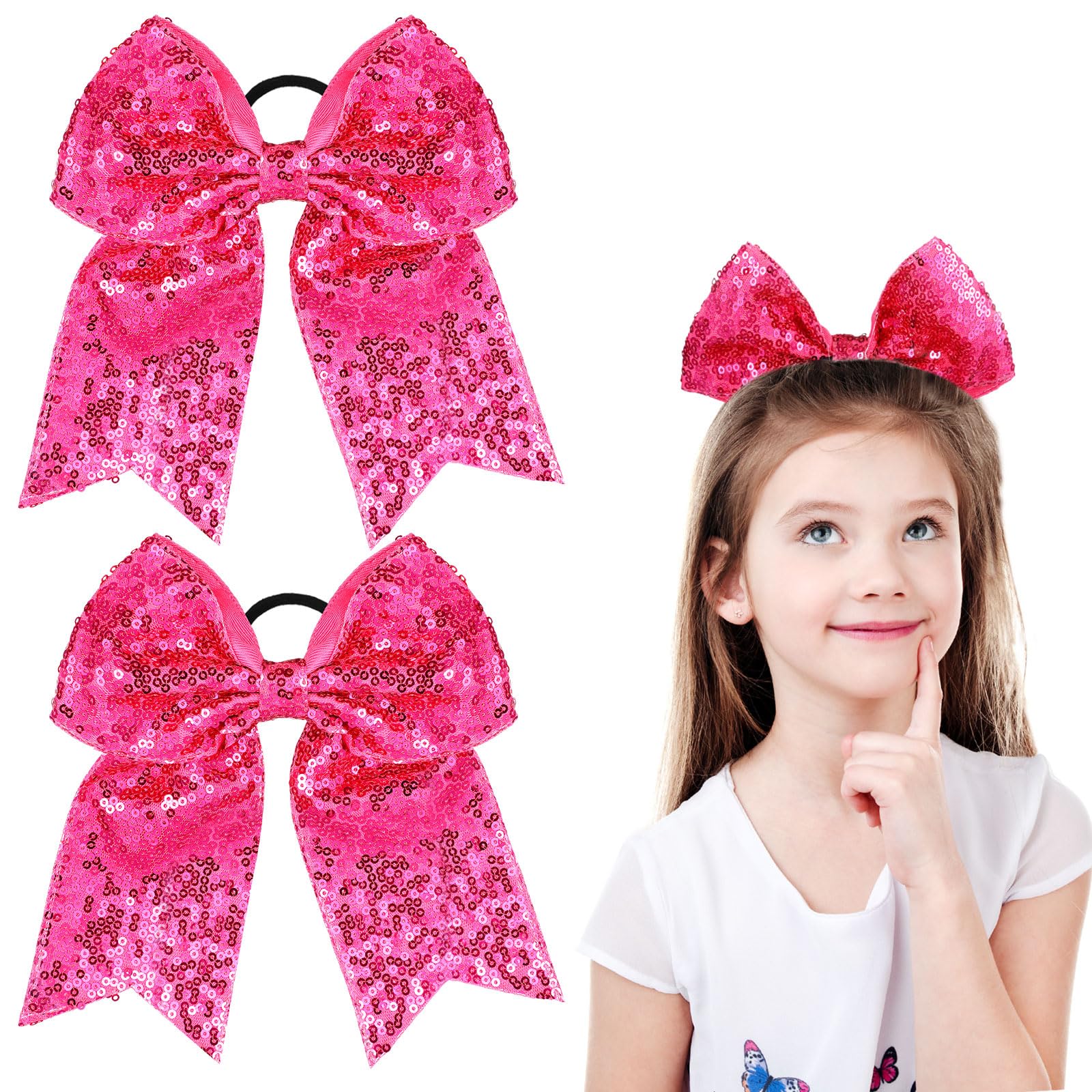 Photo 1 of WILLBOND 2 Packs Jumbo Cheerleading Bow 8 Inch Large Cheer Hair Bows with Ponytail Holder for Teen Girls Softball Outfit Uniform(Sequin Hot Pink)