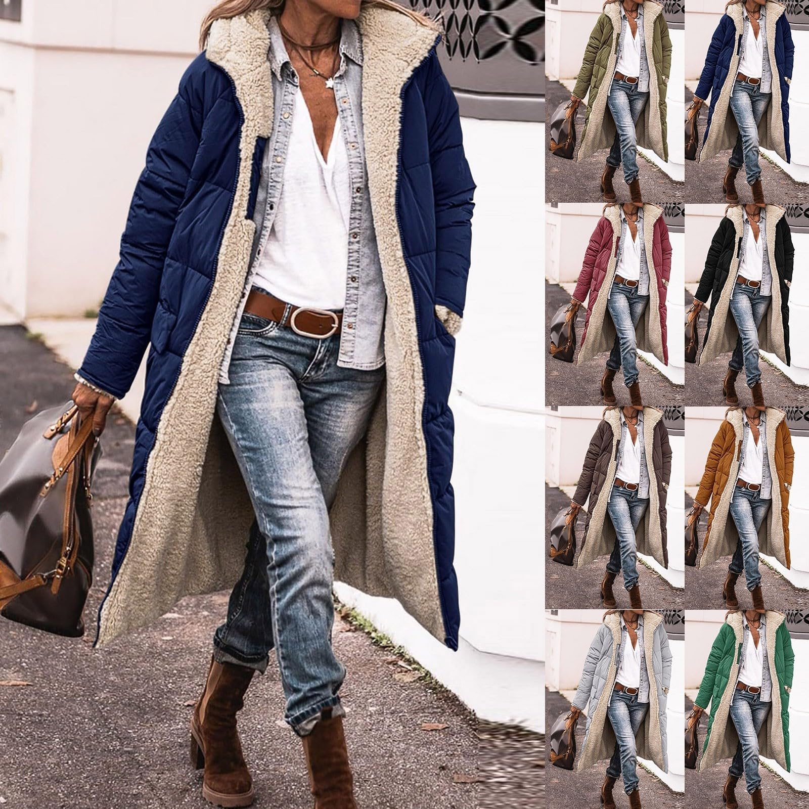 Generisch Cappotto invernale da donna, lungo, invernale, elegante, con imbottitura calda, con tasche, alla moda, con cerniera, piumino con cappuccio