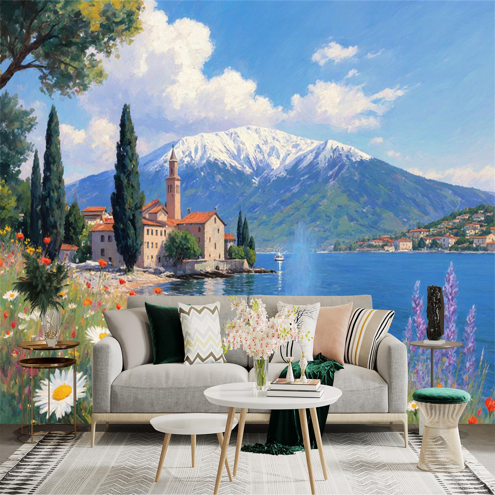 Custom Size Wall Sticker Mural， Scenic Lakeside Village with Snowy Mountains， Colorful Wildflower Meadow， Oil Painting Landscape， for wall Decoration， peelandstick wall Decals.