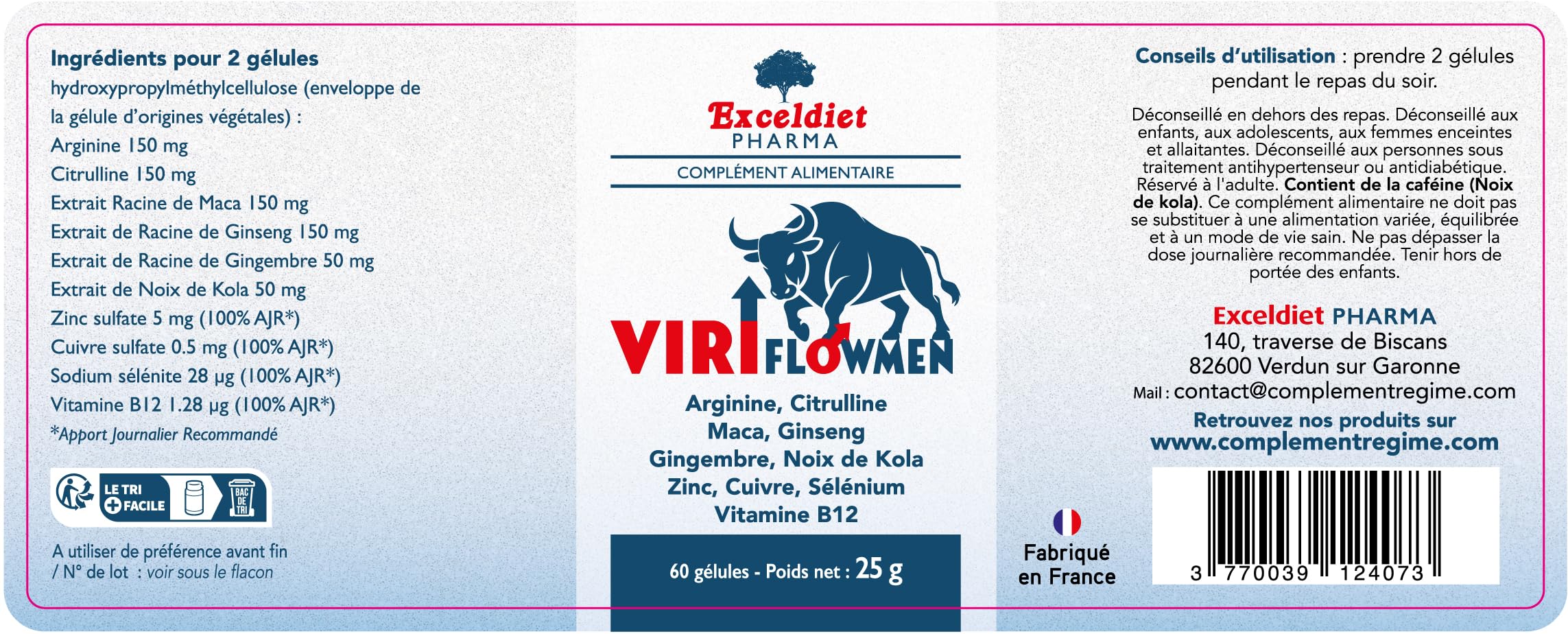 ViriflowMen – Complément Alimentaire Homme | Libido, Énergie Masculine, Vitalité & Endurance | Arginine, Citrulline, Ginseng, Maca, Kola, Gingembre | Vitamine B12 & Minéraux | 60 Gélules