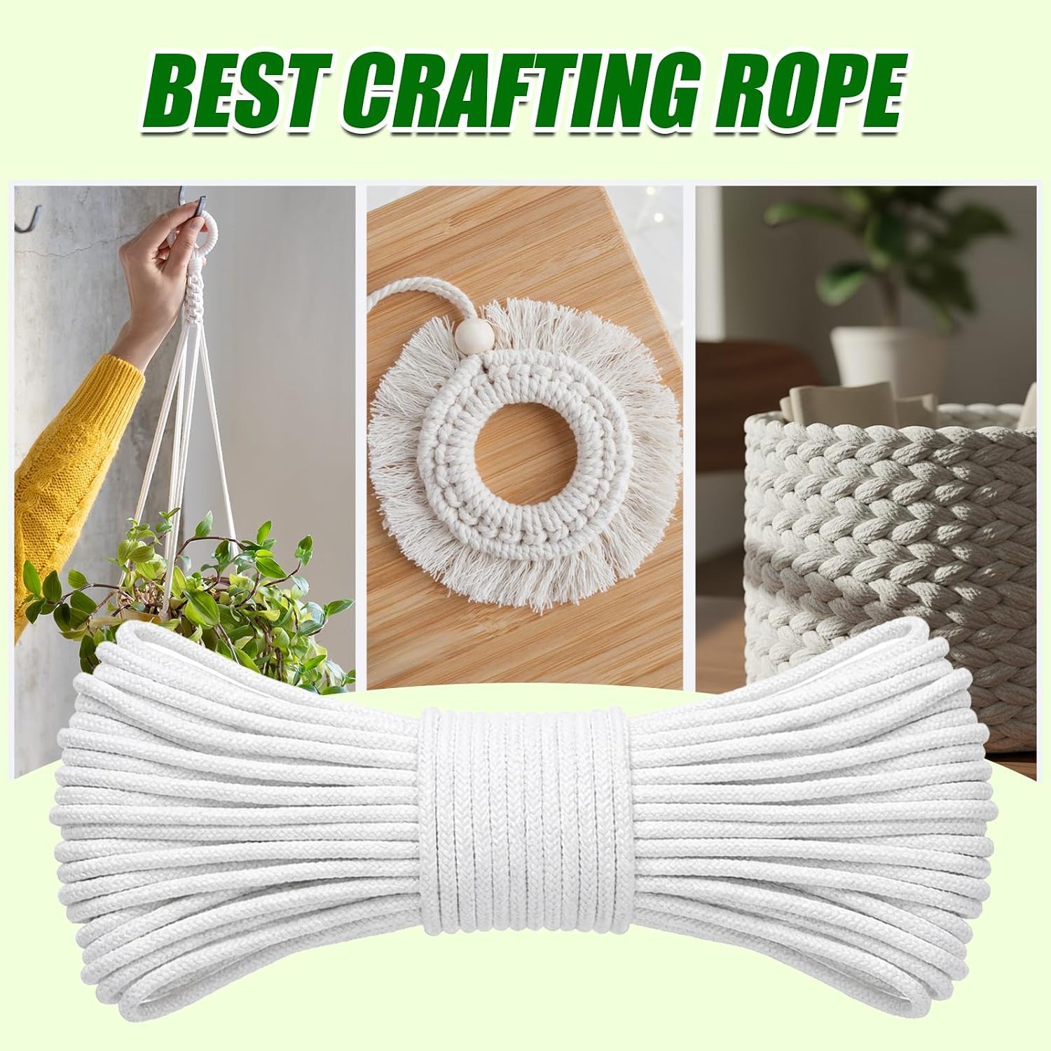 328 Feet 1/4 Inch Natural Cotton Rope, Sash Cord, Braided Cotton Rope, White Craft Ropes, Cords for DIY Ropes Baskets, Handicrafts, Candle Wicks DIY Decoration Tie Down