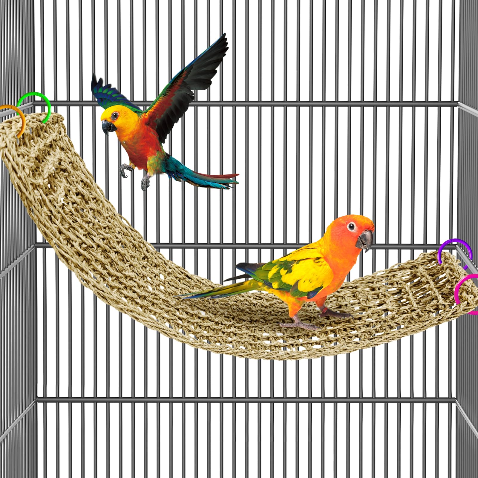 Arfubye 29.5 x 7 inches Large Bird Seagrass Mat Grass Woven Net Parrot Hammock Mat Parakeet Climbing Rope Ladder with Hooks Bird Cage Accessories for