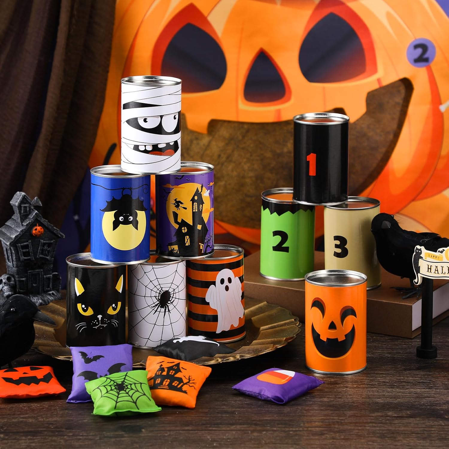ShinyRelief 17 Pcs Fall Halloween Carnival Can Bean Bag Toss Games for Kids Thanksgiving Autumn Party Throwing Game Set with Background for Adults Indoor Outdoor Party Toy Accessory