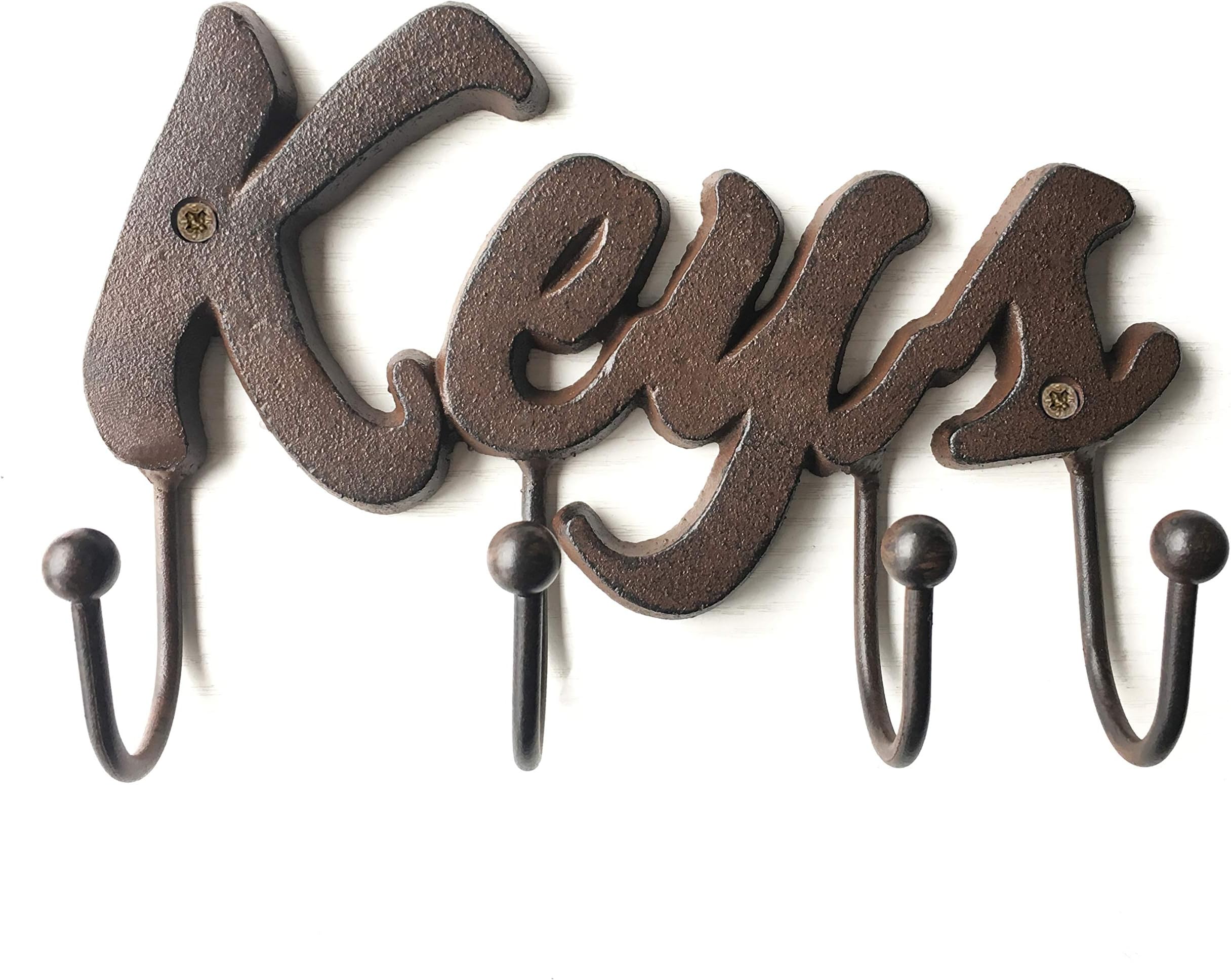 Cast Iron Rustic Key Holder for Wall - Cast Iron Wall Mount Decorative Keys Rack in Rust Brown Color - Farmhouse Metal Key Hooks Organizer - Screws and Anchors - 8x5.5" - Housewarming Gift