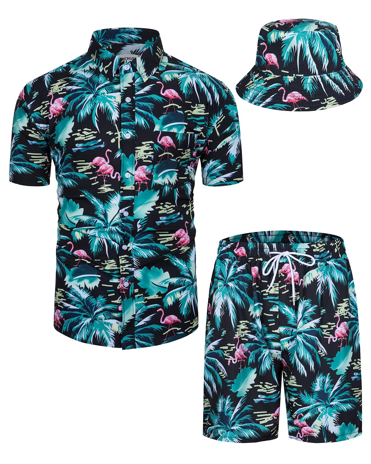 Mens Hawaiian Shirts and Shorts Set 2 Pieces Tropical Outfit Flower Print Button Beach Suit with Bucket Hats